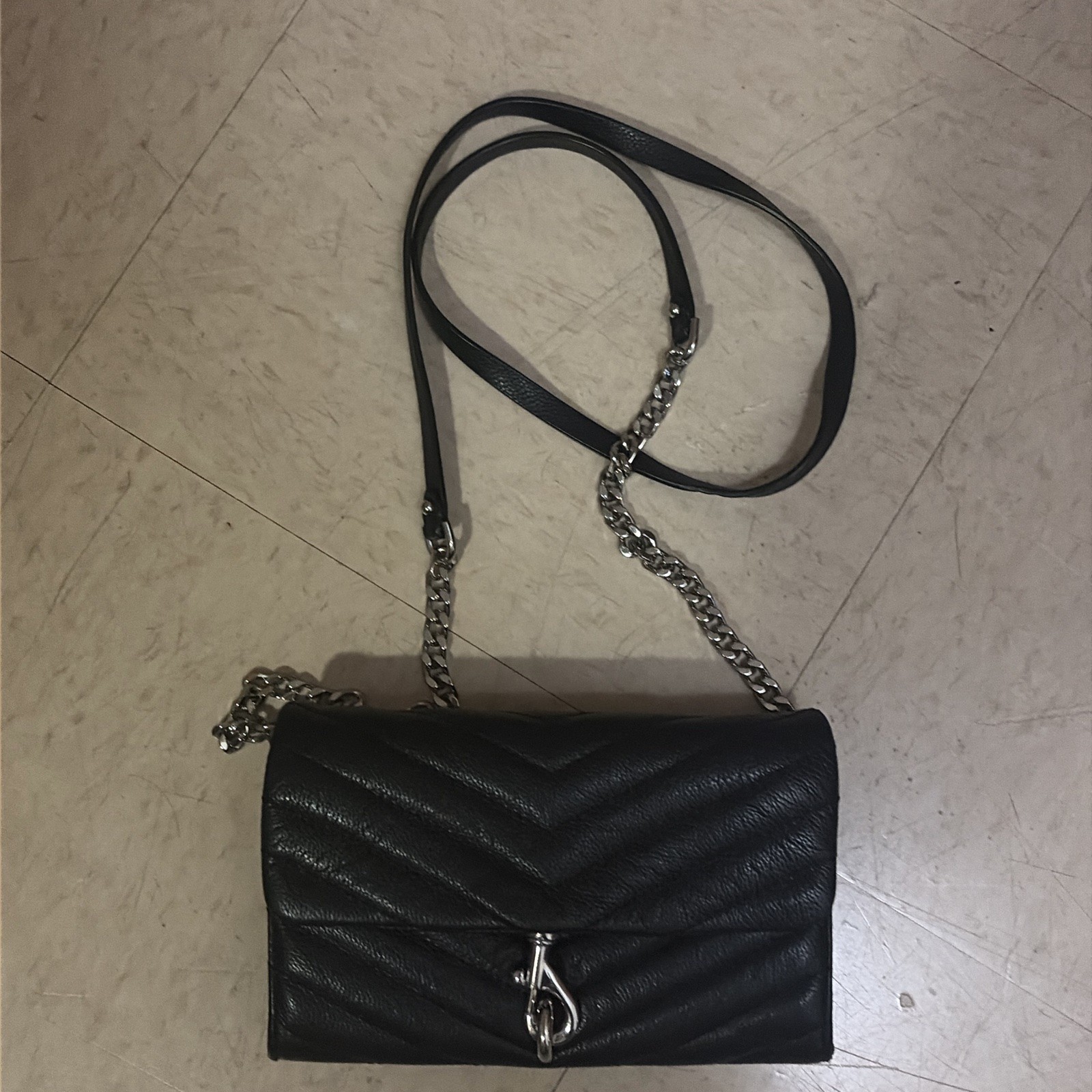 Rebecca Minkoff Edie Small Crossbody Bag Black Leather Chevron Quilt Silver