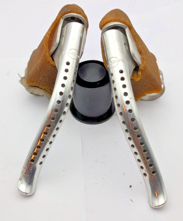 DIA COMPE Non Aero Brake LEVERS SILVER DRILLIUM DROP BAR TAN HOODS VINTAGE DIA COMPE Non Aero Brake LEVERS SILVER DRILLIUM DROP BAR TAN HOODS VINTAGE