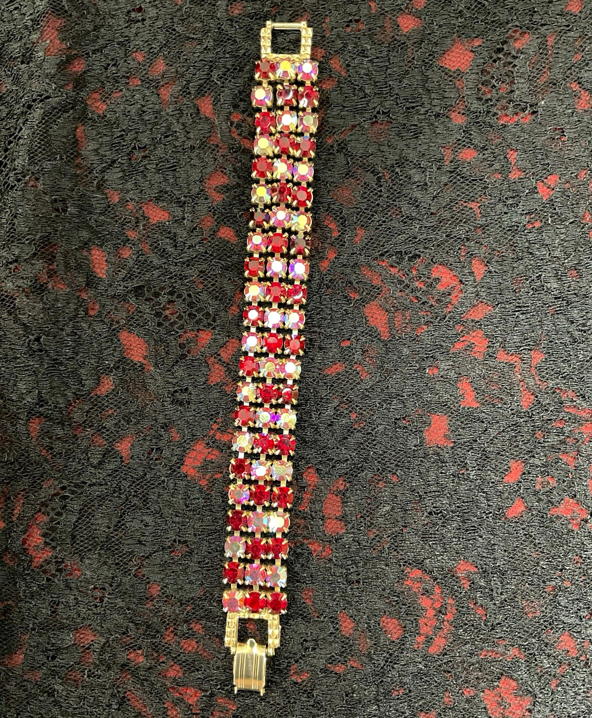 Vintage 1950s Cranberry Red & Aurora Borealis Rhinestone Bracelet 7.5” Vintage 1950s Cranberry Red & Aurora Borealis Rhinestone Bracelet 7.5”