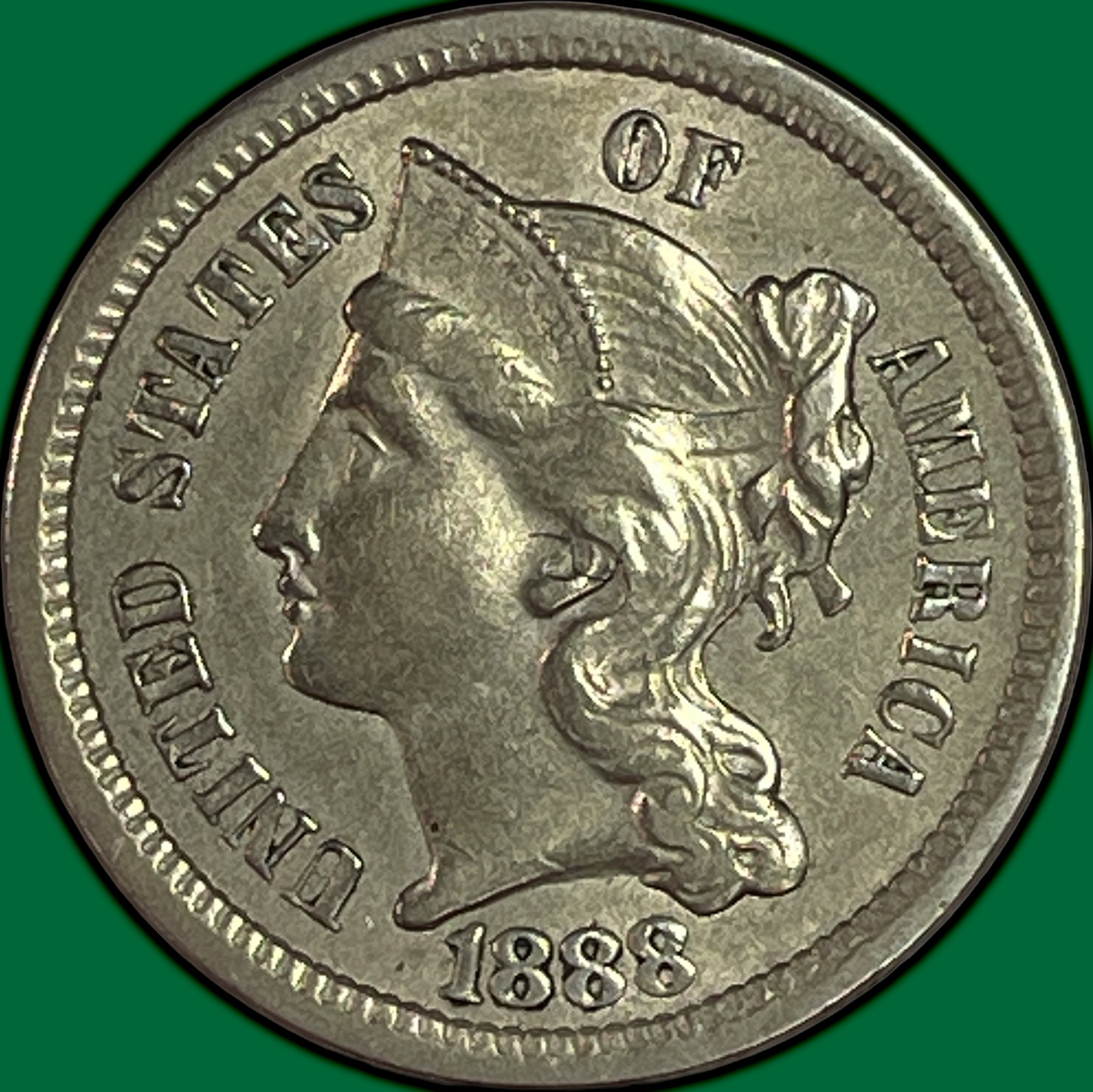 1888 Three Cent Nickel Choice Almost Uncirculated AU+/UNC Coin #45393