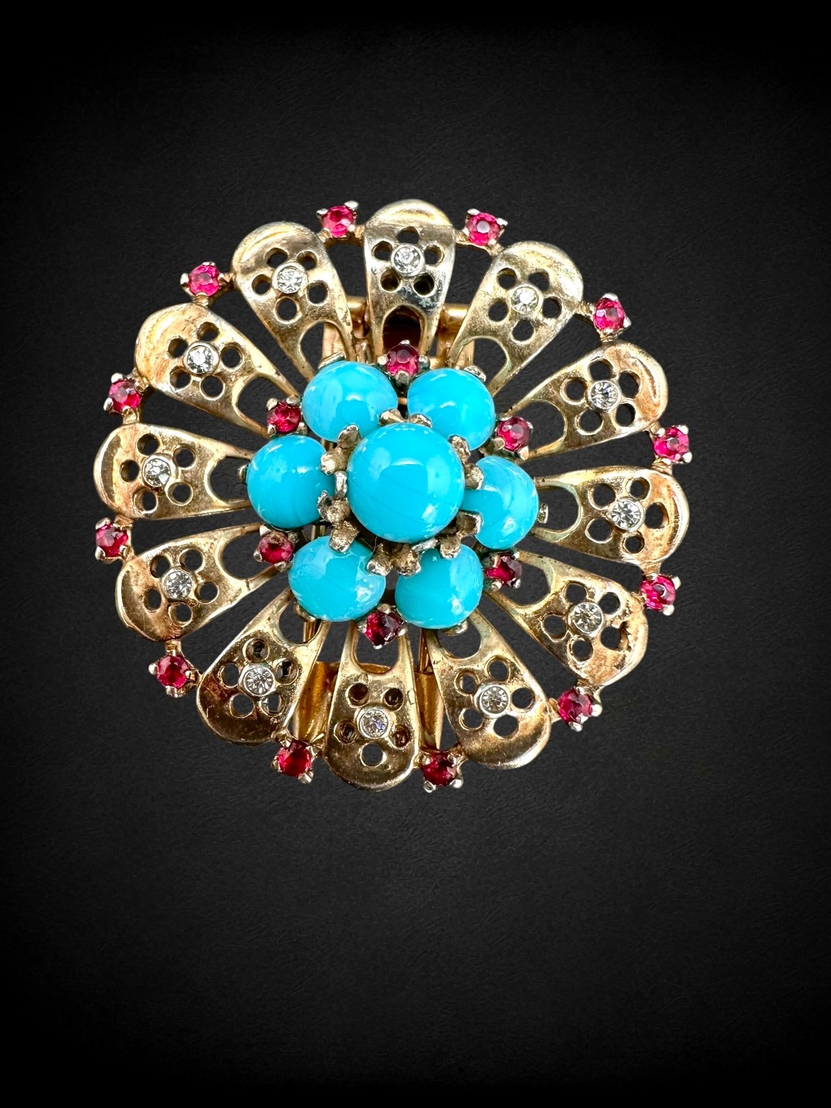 Vintage Trifari Sterling Silver Gold Vermeil Red Blue Glass Cabochon Fur Clip