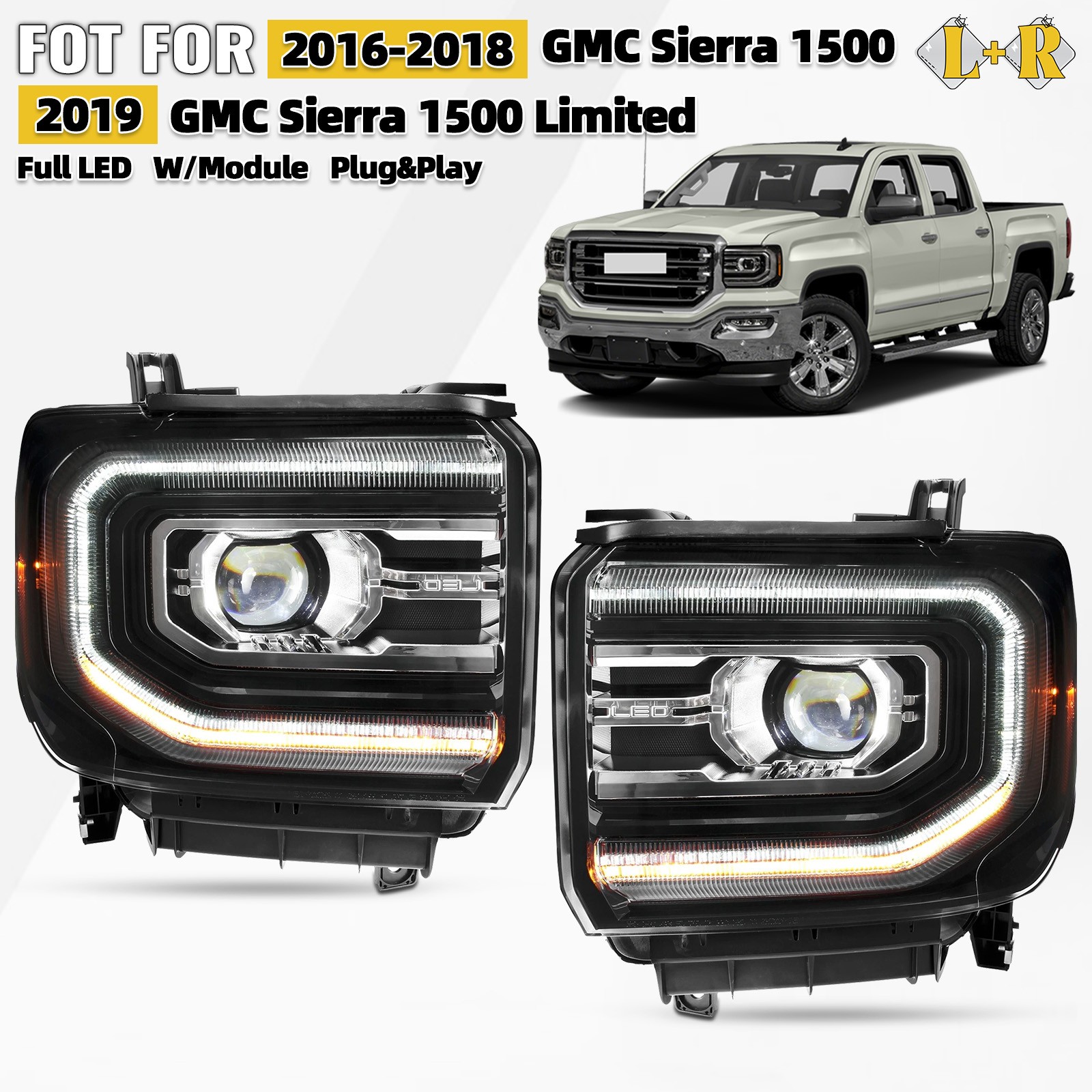 For 2016-2018 GMC Sierra 1500 Full LED Projector Headlight Left+Right Pair