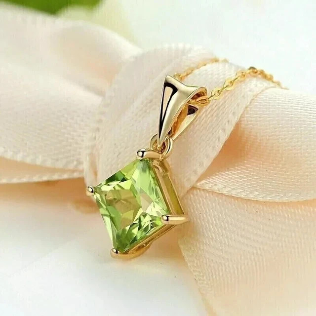 3Ct Princess Cut Green Peridot Solitaire Pendant 14K Yellow Gold Finish W/Chain