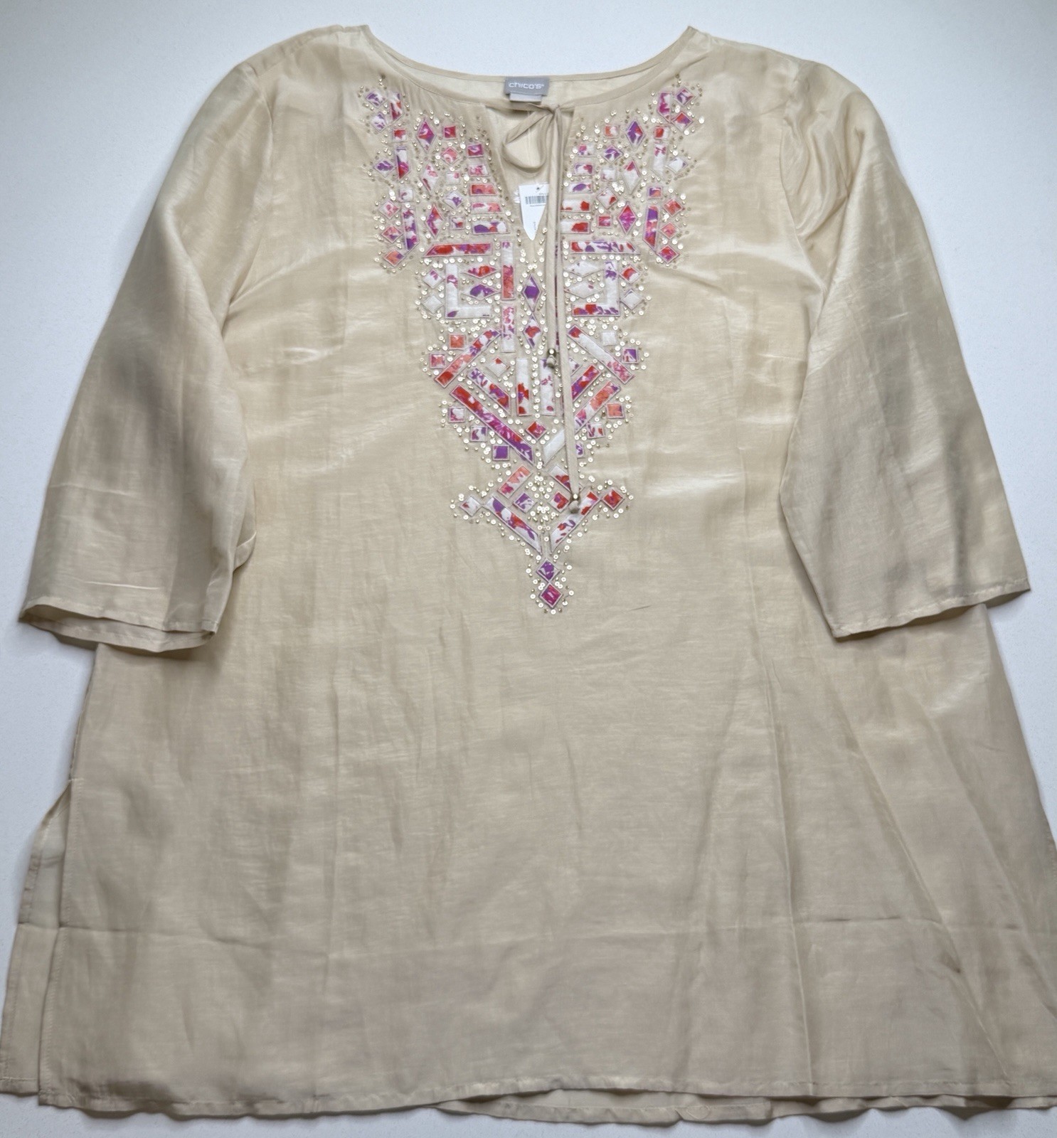 NWT Chico\'s Embellished V-Neck Tunic Tie  Top Women Size 3 Tan Boho