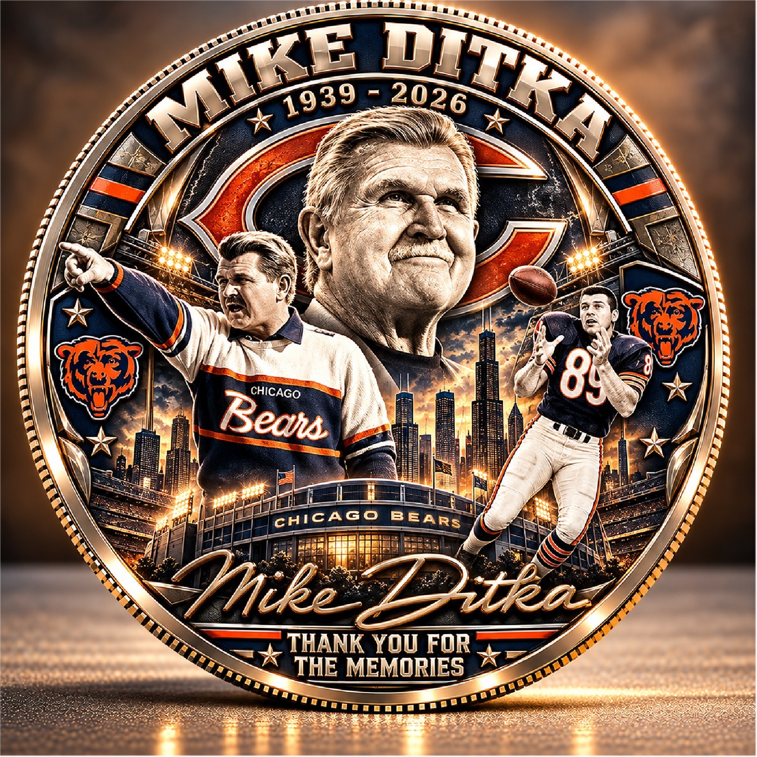 Mike Ditka Challenge Coin Chicago Bears Legend 1939-2026 Hall of Fame Gold Gift