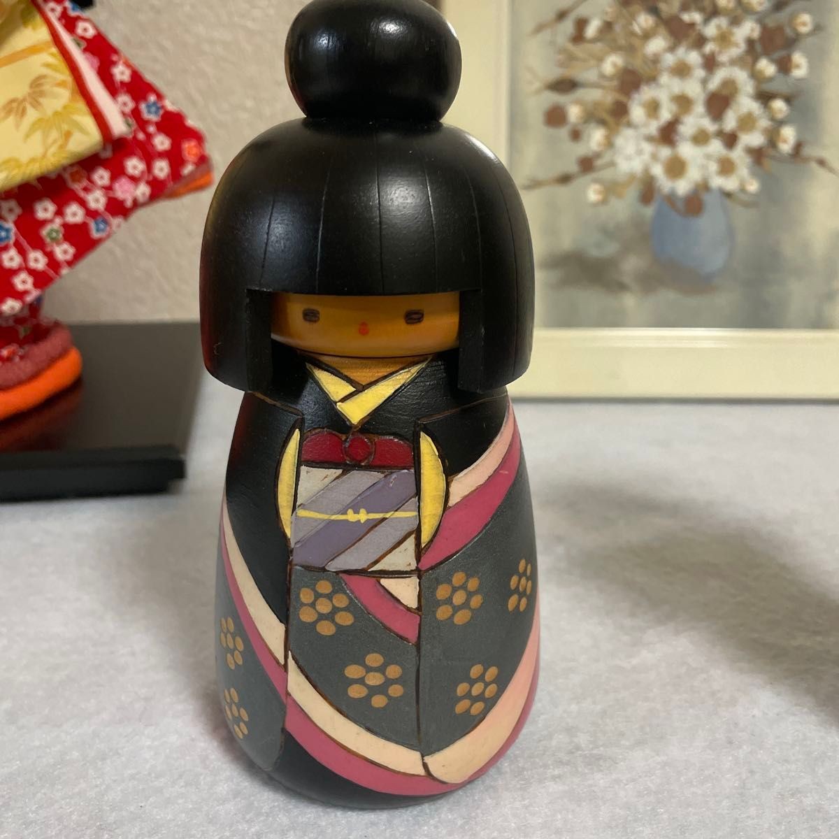 Kazuo Takamizawa Sosaku Kokeshi Black Hair Kimono Wood Doll