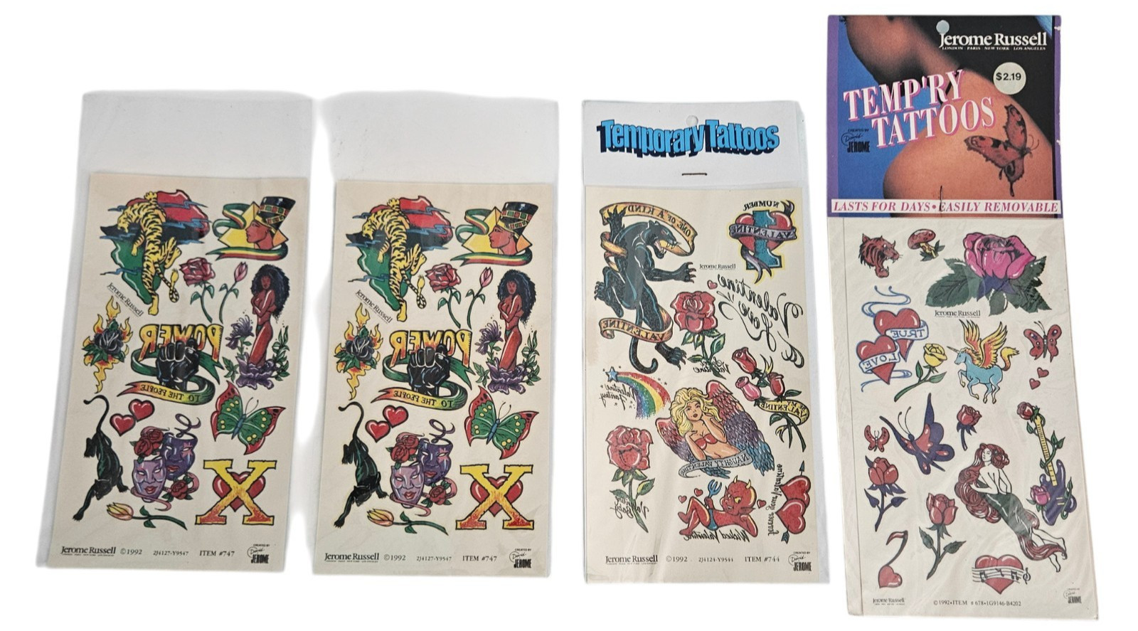 Vintage 1992 90s Jerome Russell Temporary Tattoos Skulls Roses Variety Lot Of 4 Vintage 1992 90s Jerome Russell Temporary Tattoos Skulls Roses Variety Lot Of 4