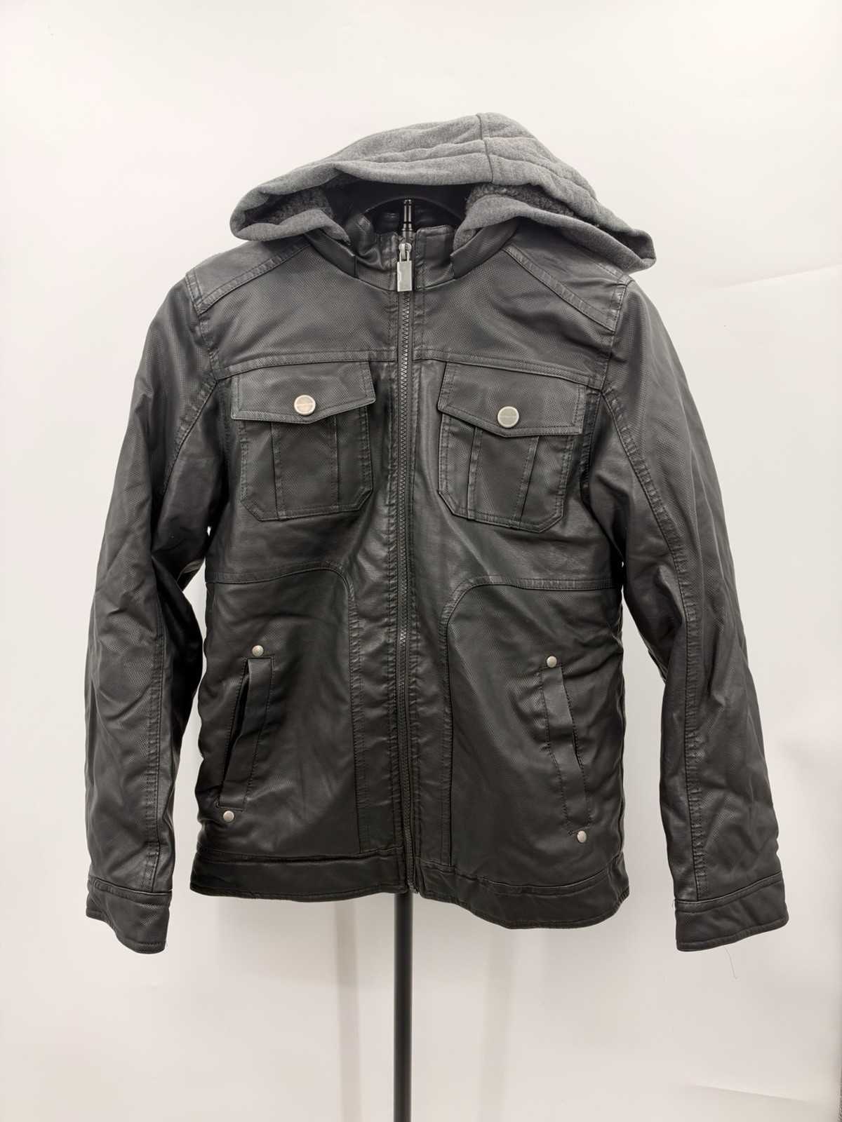 Urban Republic UR Boys L Faux Leather Jacket Hooded Gray Sherpa Lined Warm NWT L