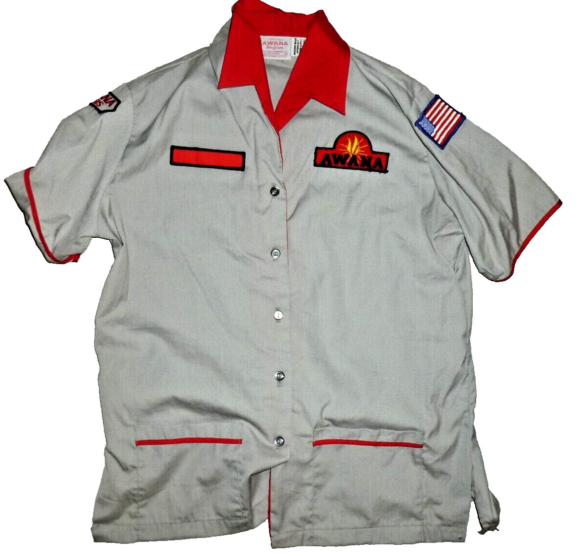 VINTAGE Gray AWANA Clubs Uniform Shirt Compass Patches Womens sz 36 Small VINTAGE Gray AWANA Clubs Uniform Shirt Compass Patches Womens sz 36 Small