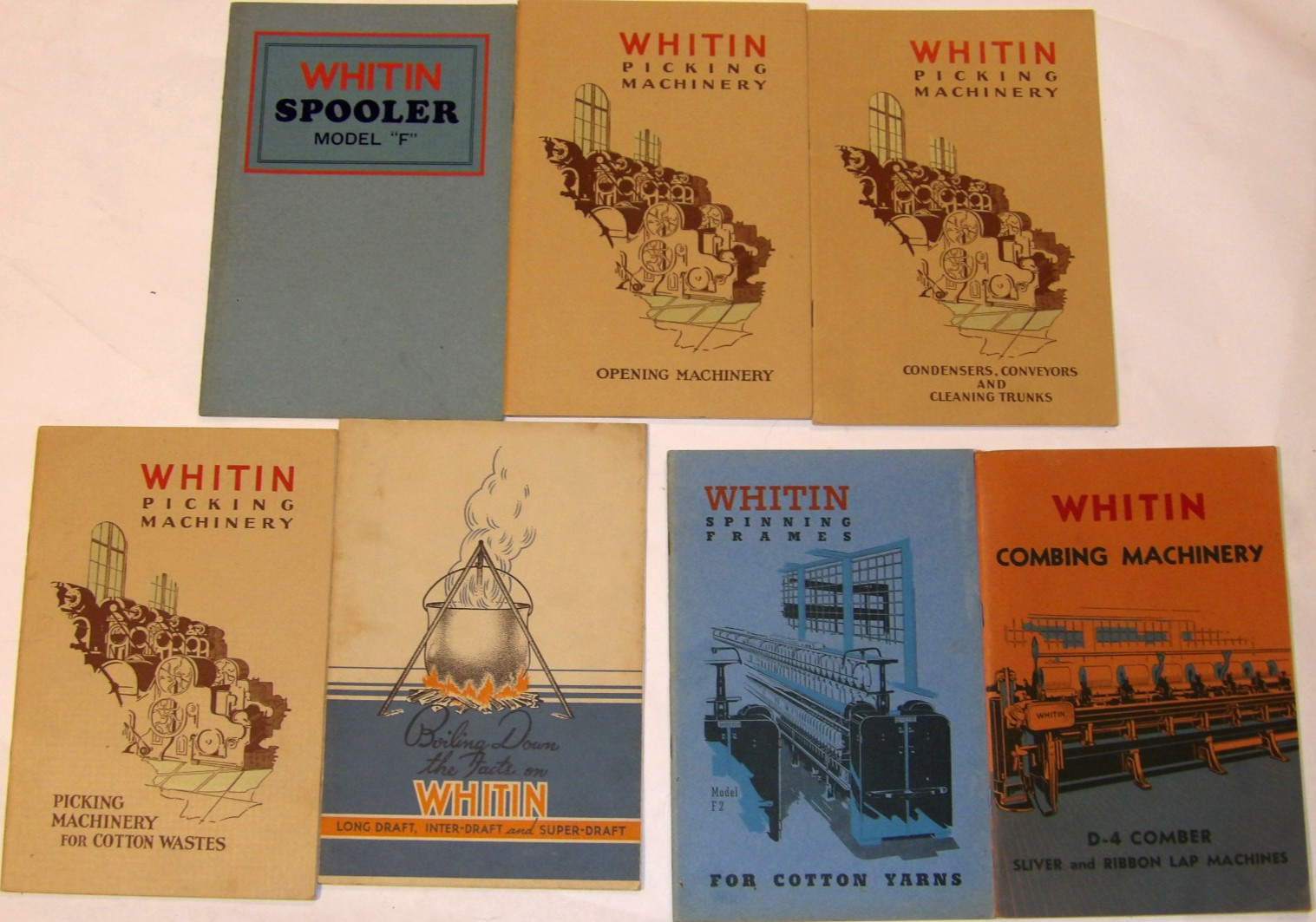 7 VINTAGE 1928-1940 WHITIN TEXTILE MACHINERY ILLUSTRATED CATALOGS FOR COTTON