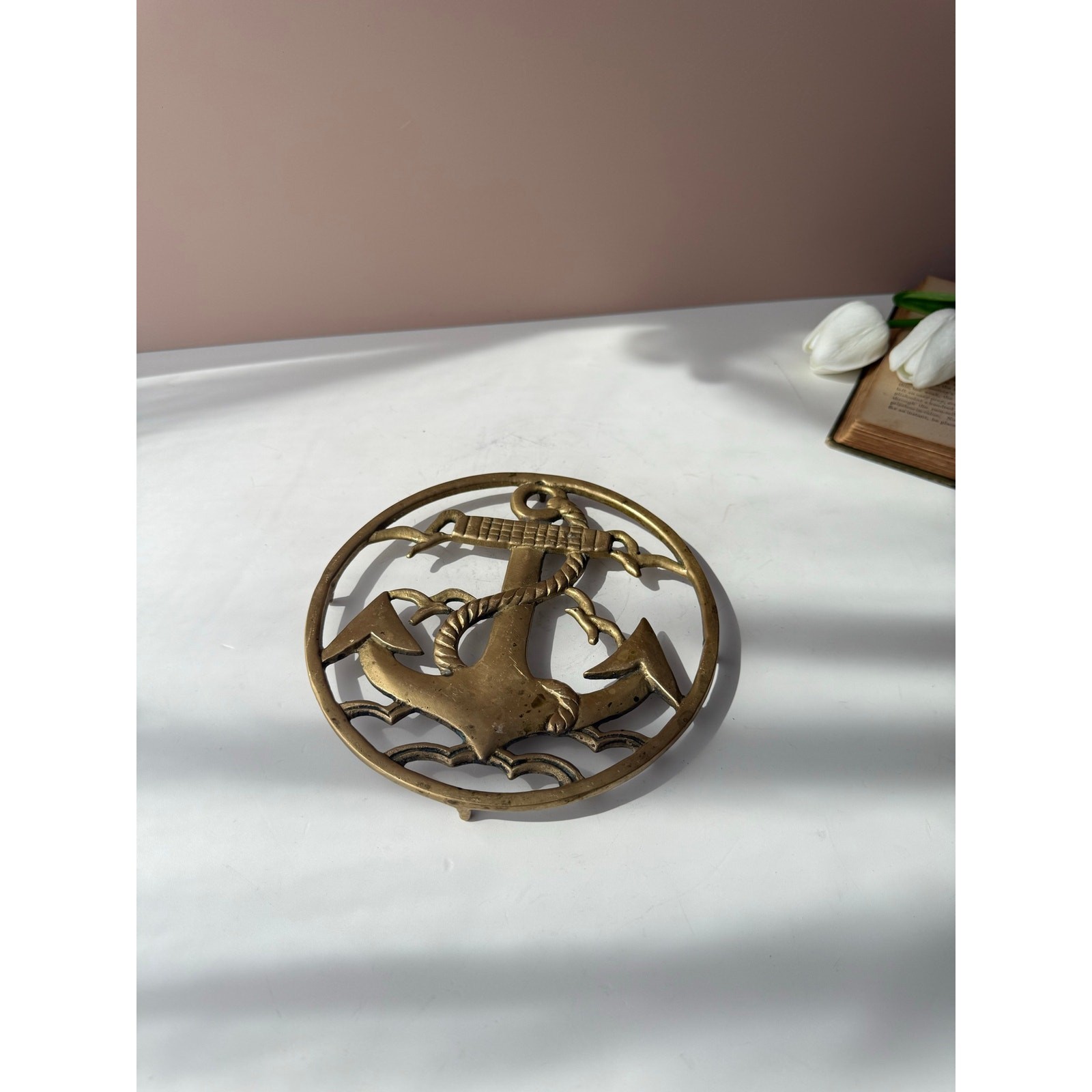 Vintage Brass Nautical Anchor Round Trivet Coastal Maritime Decor Brass Kitchen