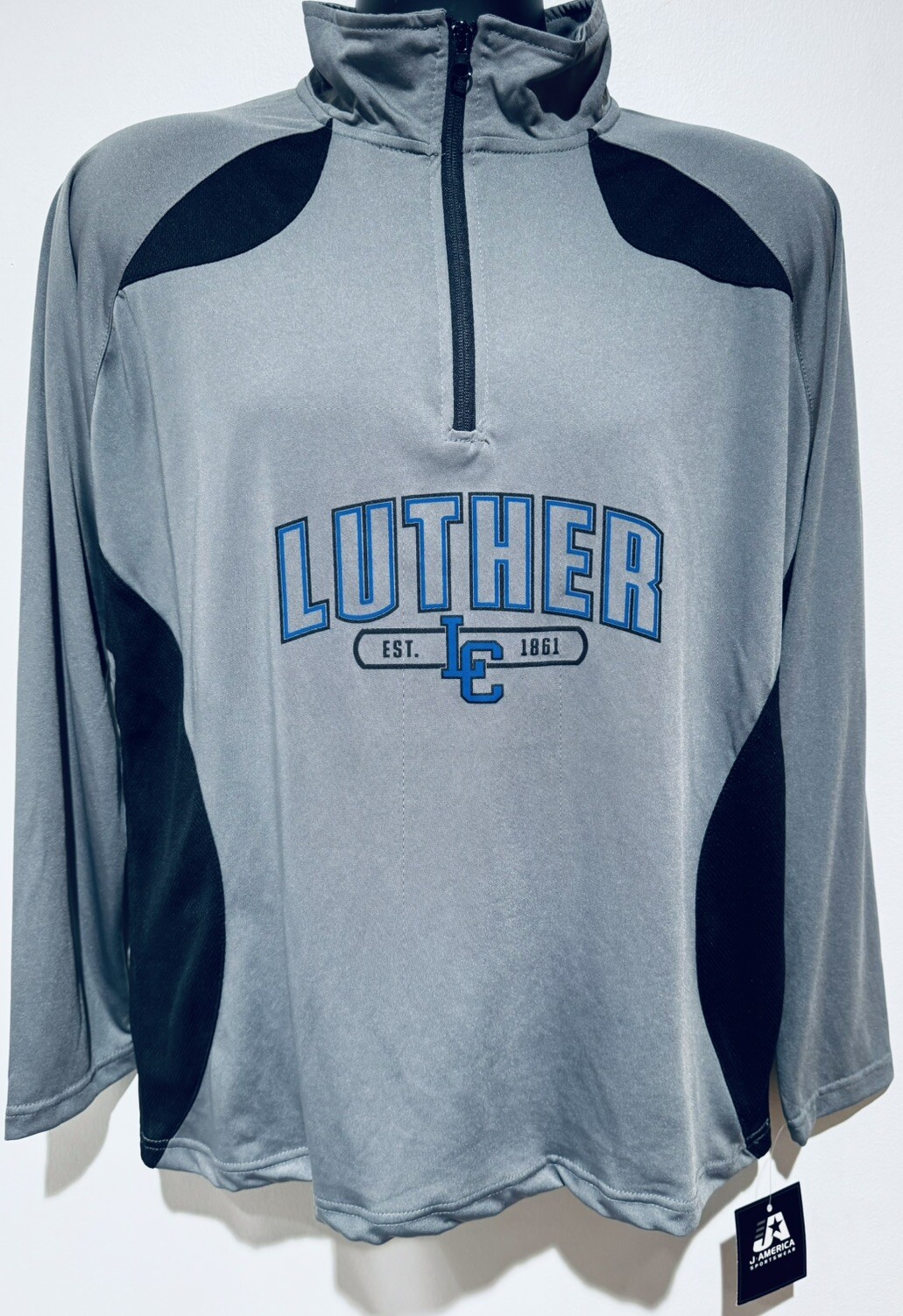 Luther College J America 1/4 Zip gray Large Logo pullover - adult Medium NWT Luther College J America 1/4 Zip gray Large Logo pullover - adult Medium NWT