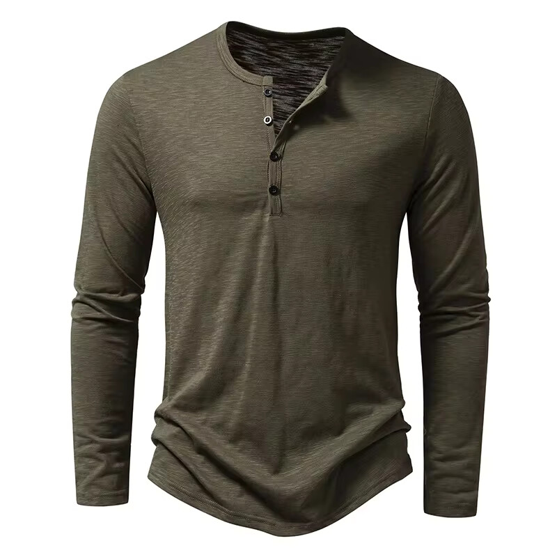Men\'s Shirt Cotton Henley Neck T-Shirts Long Sleeve Casual Button Plain 25% OFF