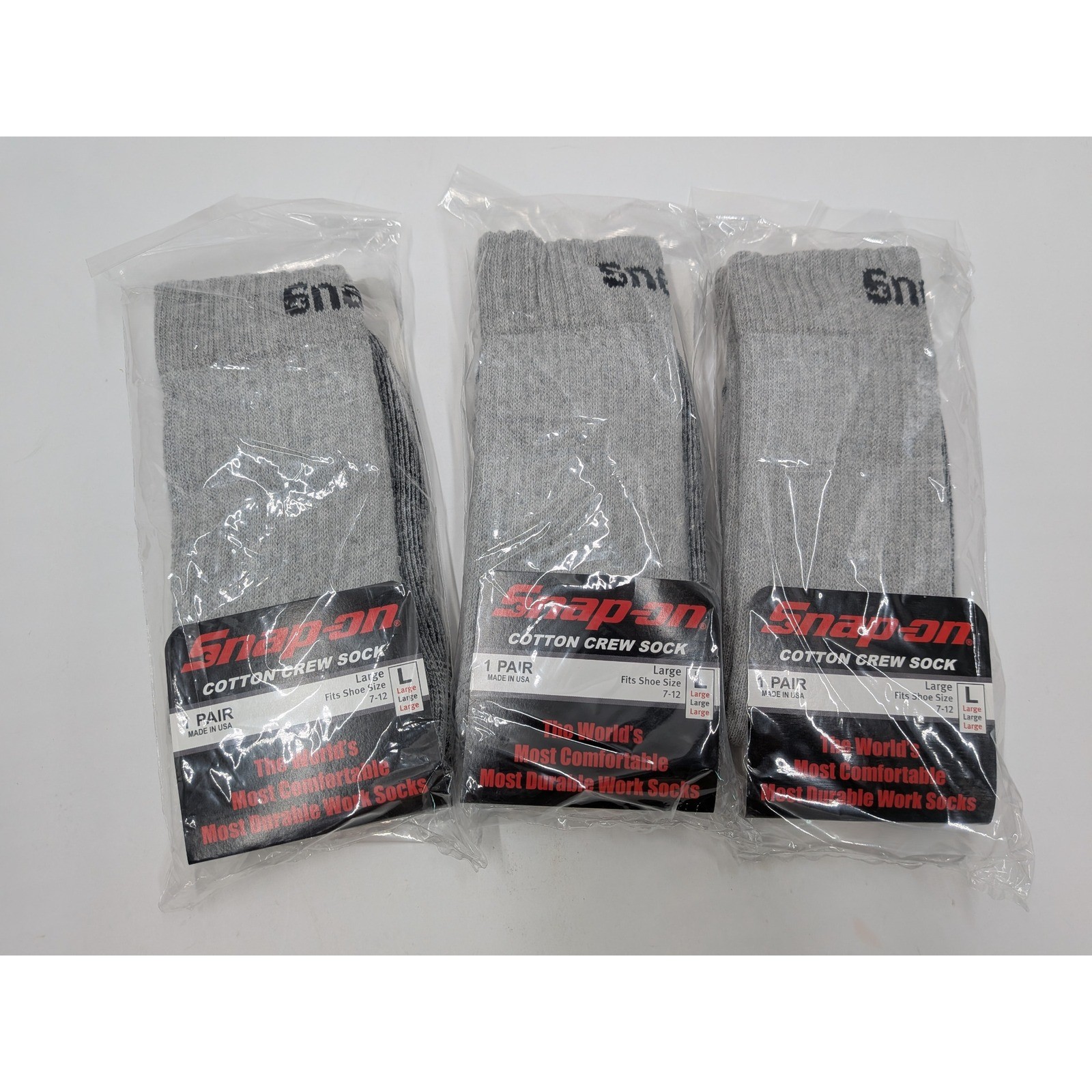 Snap-on Tools Mens Cotton Crew Socks 3 Pair Bundle Gray Cushioned Work Socks L