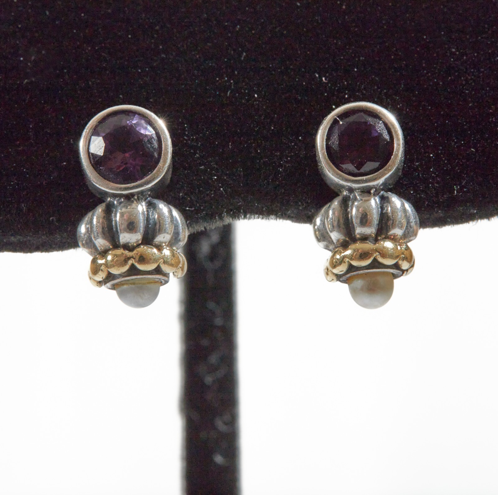 Lagos Vintage Caviar Amethyst and Pearl Silver and Gold Stud Earrings 14K Posts