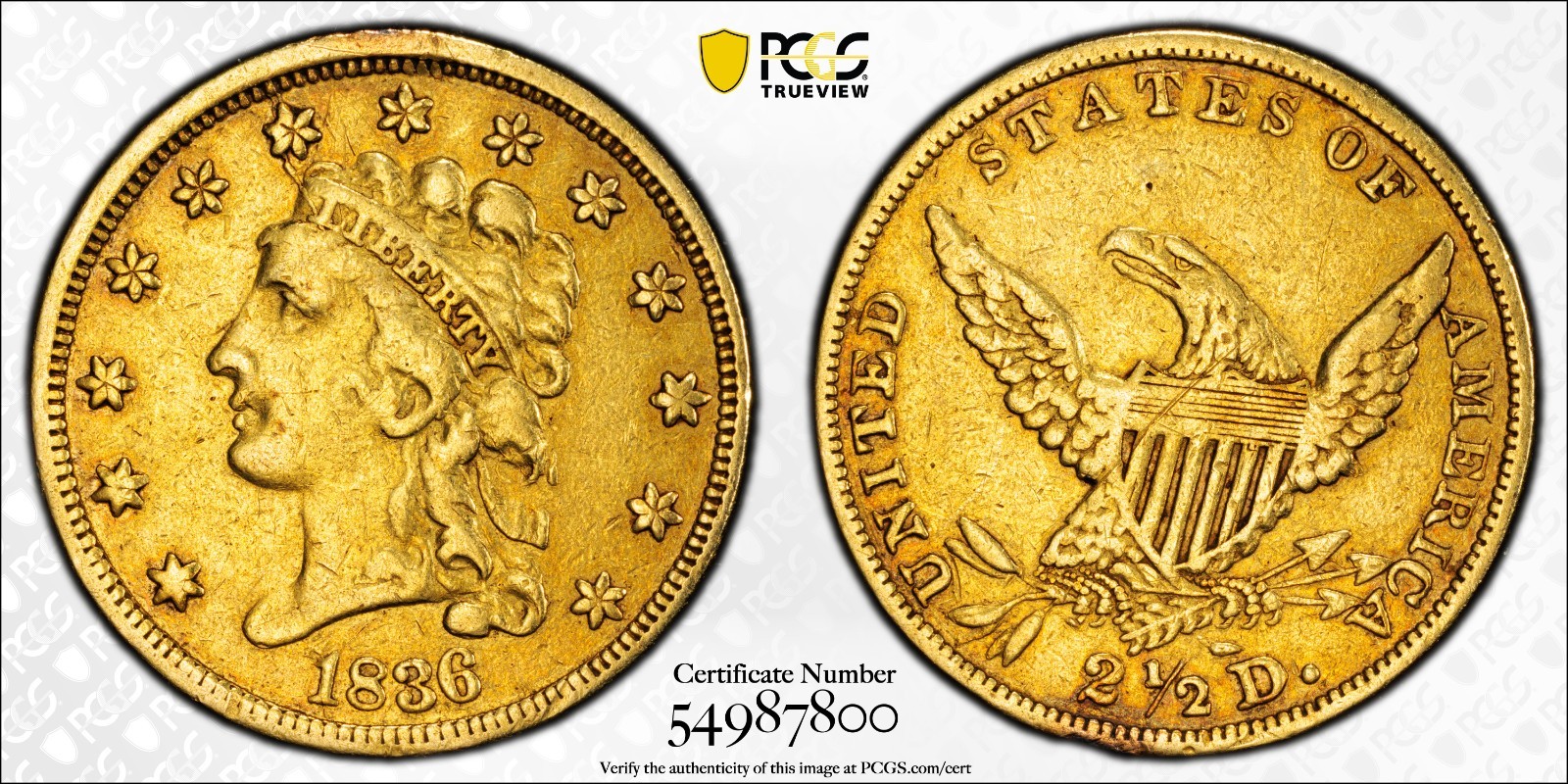 1836 $2.50 GOLD SCRIPT 8 QUATER EAGLE PCGS VF DETAILS JUST GRADED GOLD SHIELD