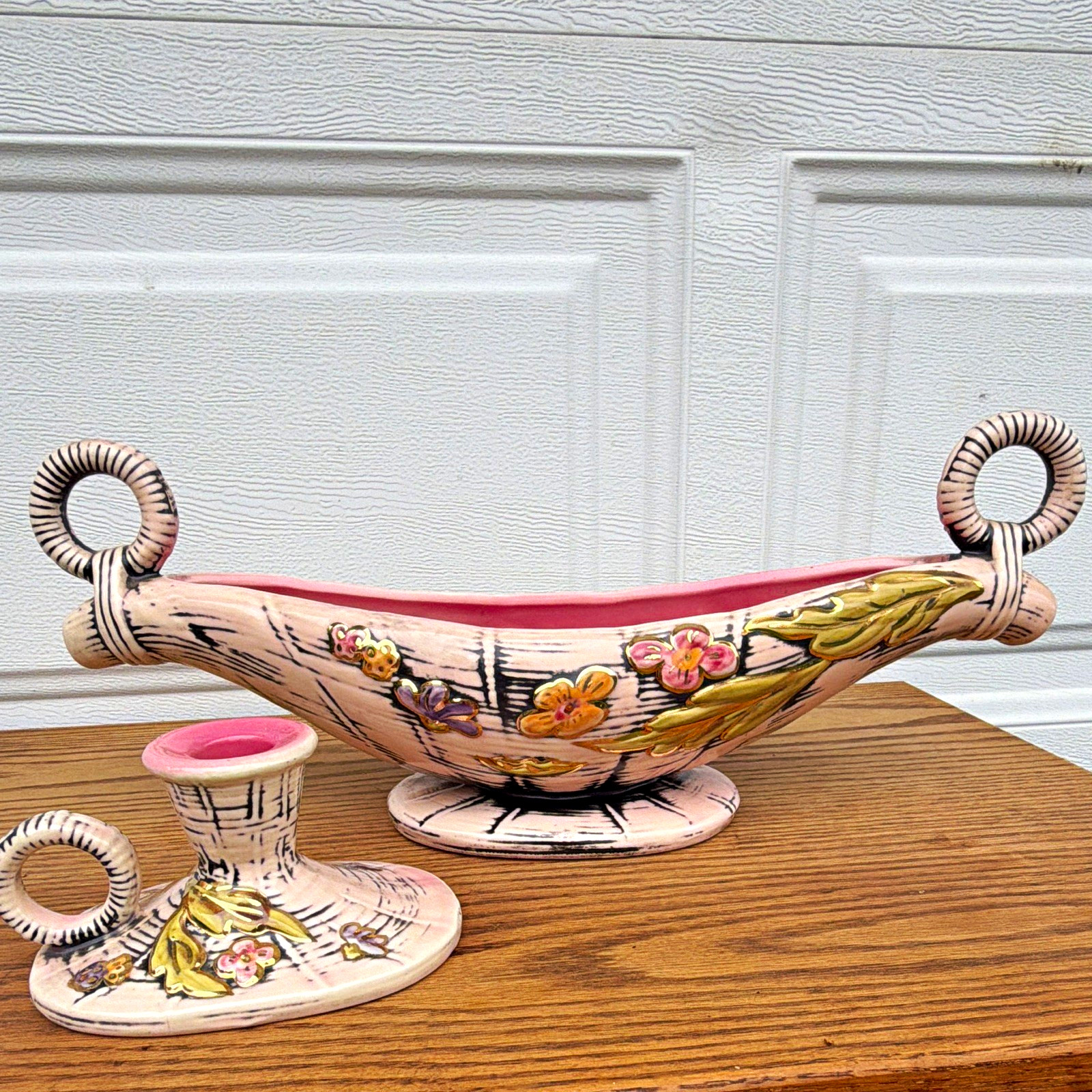 Hull Vintage Pink Beige Floral Art Pottery Oval Bowl T10 Glossy USA 1955 Hull Vintage Pink Beige Floral Art Pottery Oval Bowl T10 Glossy USA 1955