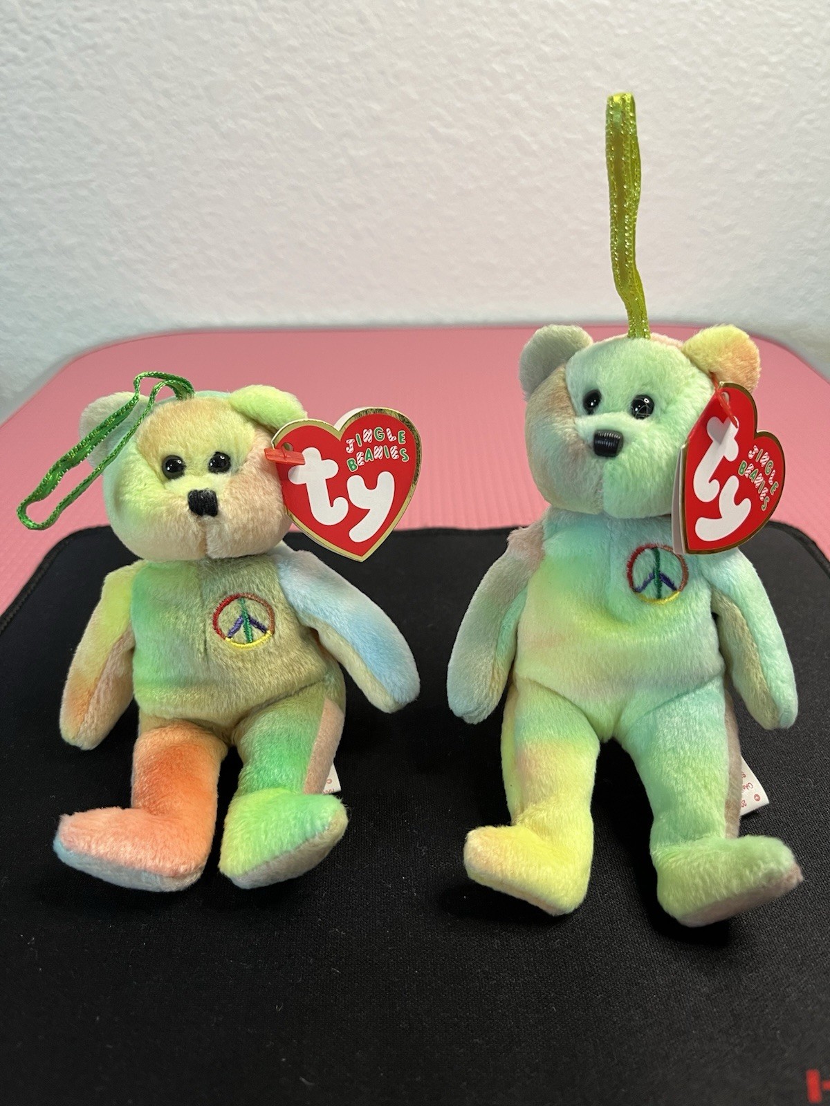TY Jingle Beanies Peace Bear Tie Dye Plush Christmas Ornament Rare SET - NEW