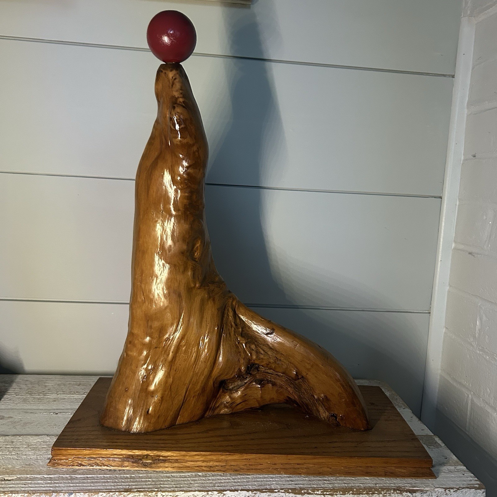 Vintage Drift Wood Folk Art Seal With Red Ball Vintage Drift Wood Folk Art Seal With Red Ball