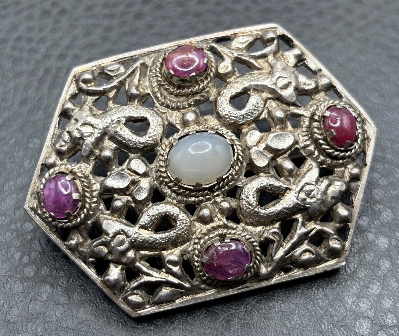 Vintage Snake Large Austro Hungarian 800 Silver Filigree Ruby Moonstone Cabochon