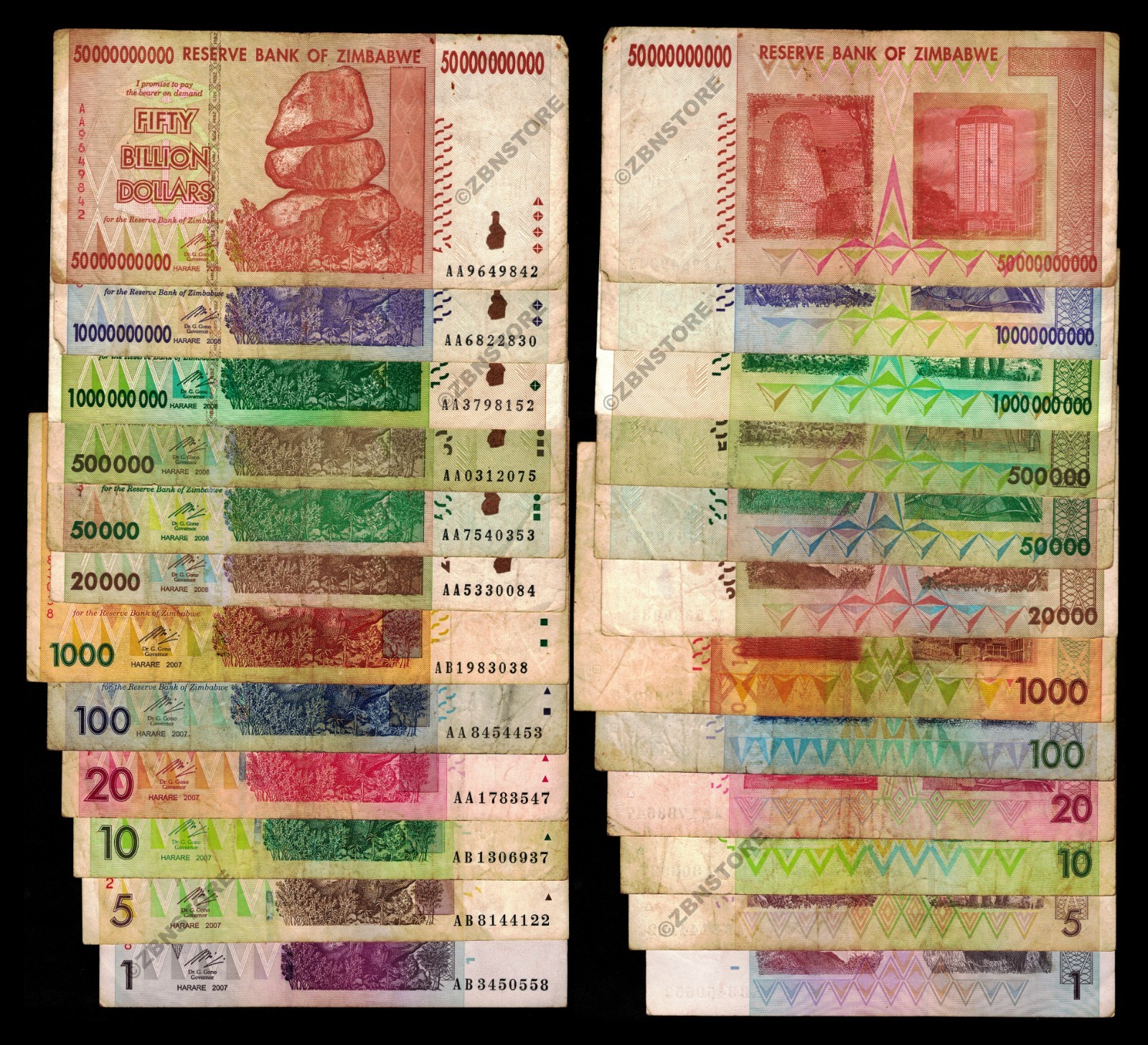 Zimbabwe 10 + Banknotes Set 1 10 50 100 1000 Billion Dollars Paper Money + COA