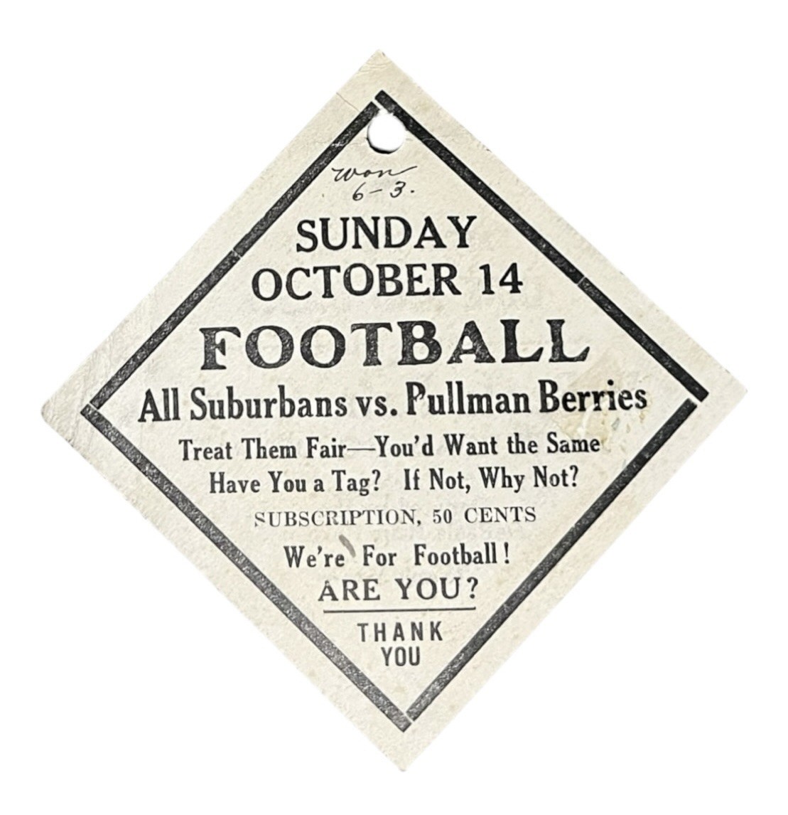 Vtg 1920s La Grange All Suburbans vs Pullman Berries Chicago Pro Football Ticket Vtg 1920s La Grange All Suburbans vs Pullman Berries Chicago Pro Football Ticket