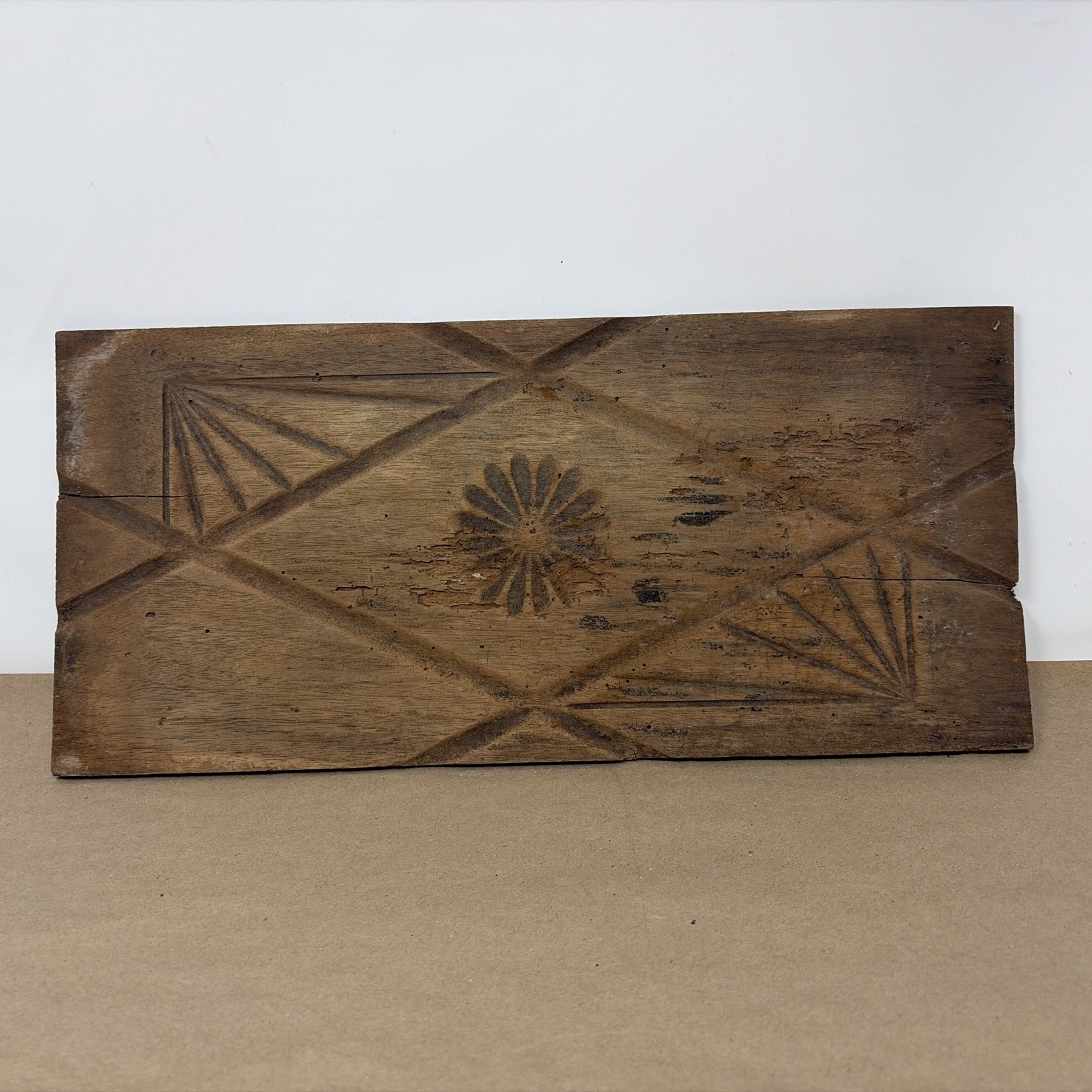 Antique Hand Carved Wood Panel Folk Art Geometric Primitive Architectural 15”