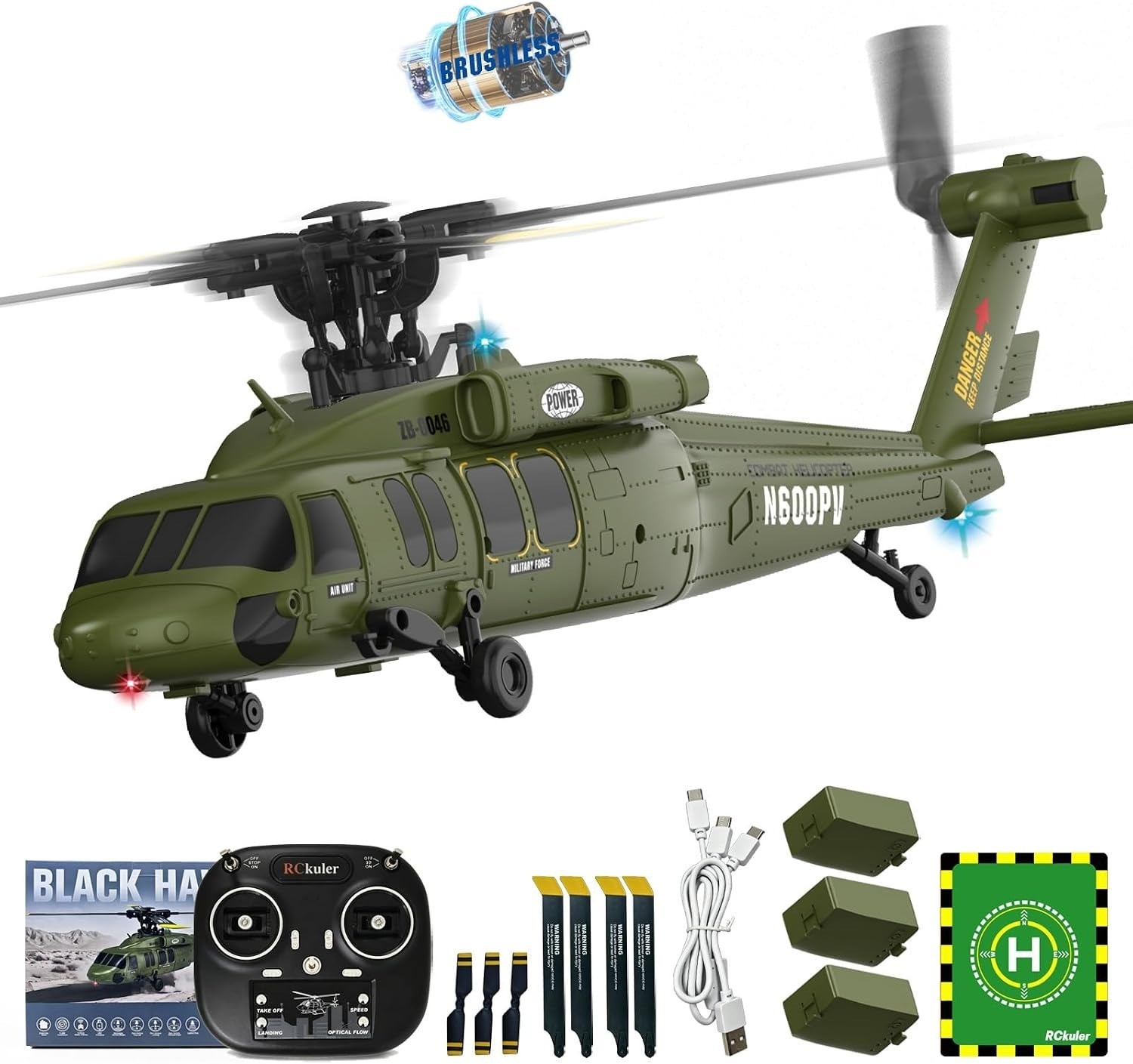 RCKULER K200 Brushless 6-CH RC Helicopter,RTF UH-60L Blackhawk, Inverted Flight