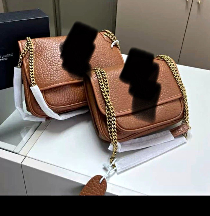 Brown Pebbled Genuine Leather Chain Flap Shoulder Bag w/ Dust Bag Brown Pebbled Genuine Leather Chain Flap Shoulder Bag w/ Dust Bag