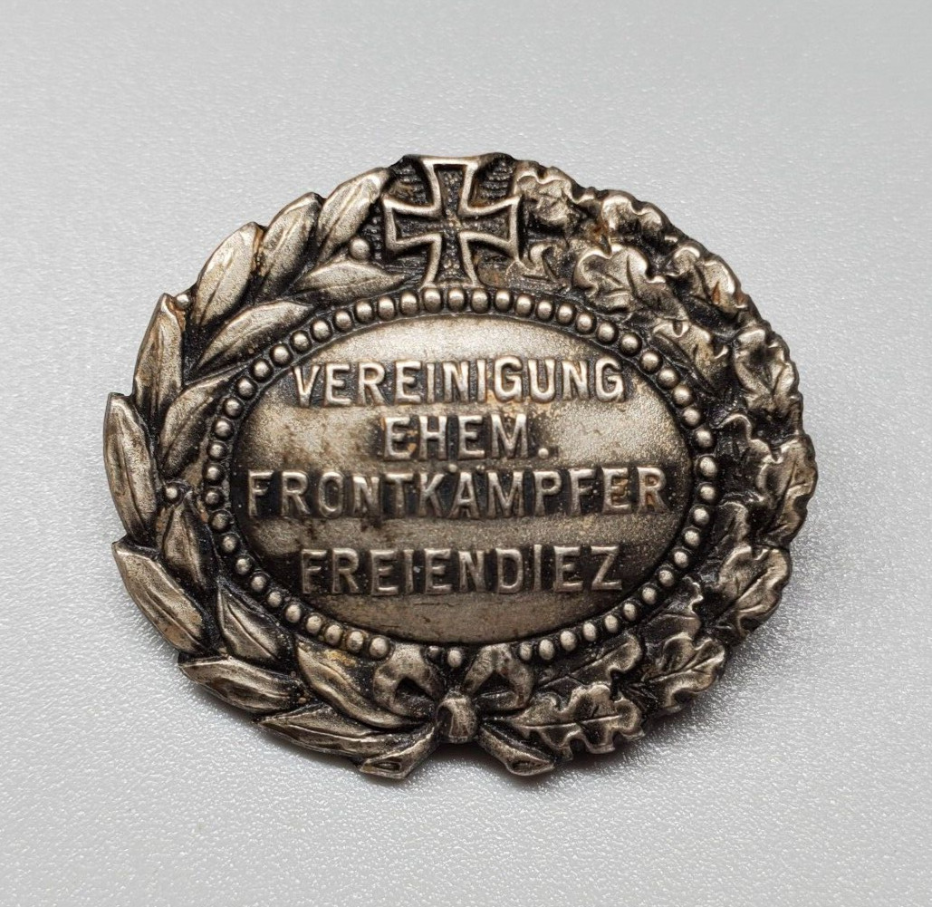WWI Weimar German Veterans Badge Frontkämpfer Freiendiez Iron Cross Pin c1920s