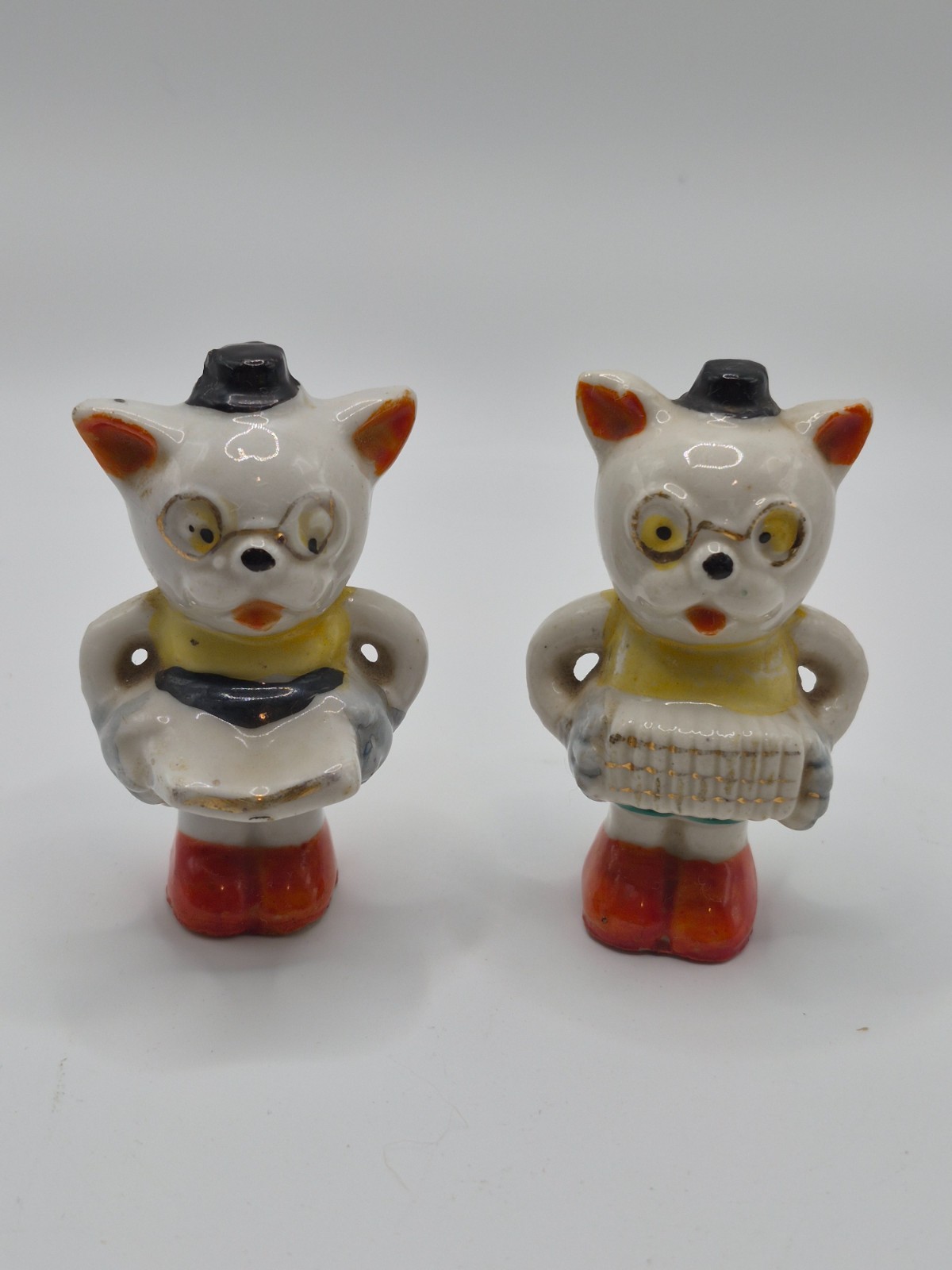 Vintage Made in Japan Cat Figurines Pair Musician Accordion Anthropomorphic Cats
