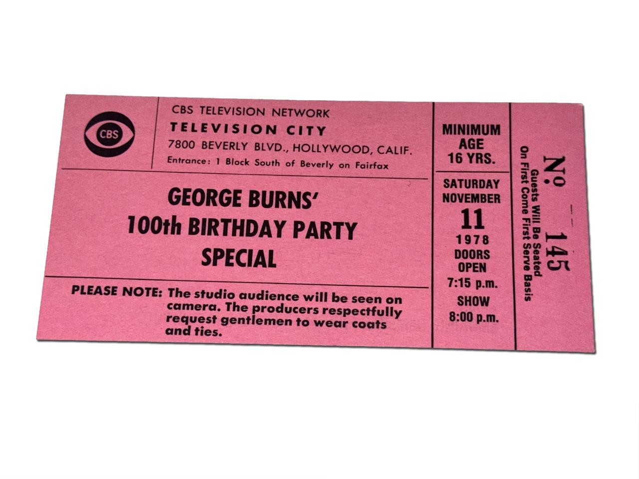 Vintage CBS George Burns' 100th Birthday Party Special Nov 11, 1978 Ticket Stub