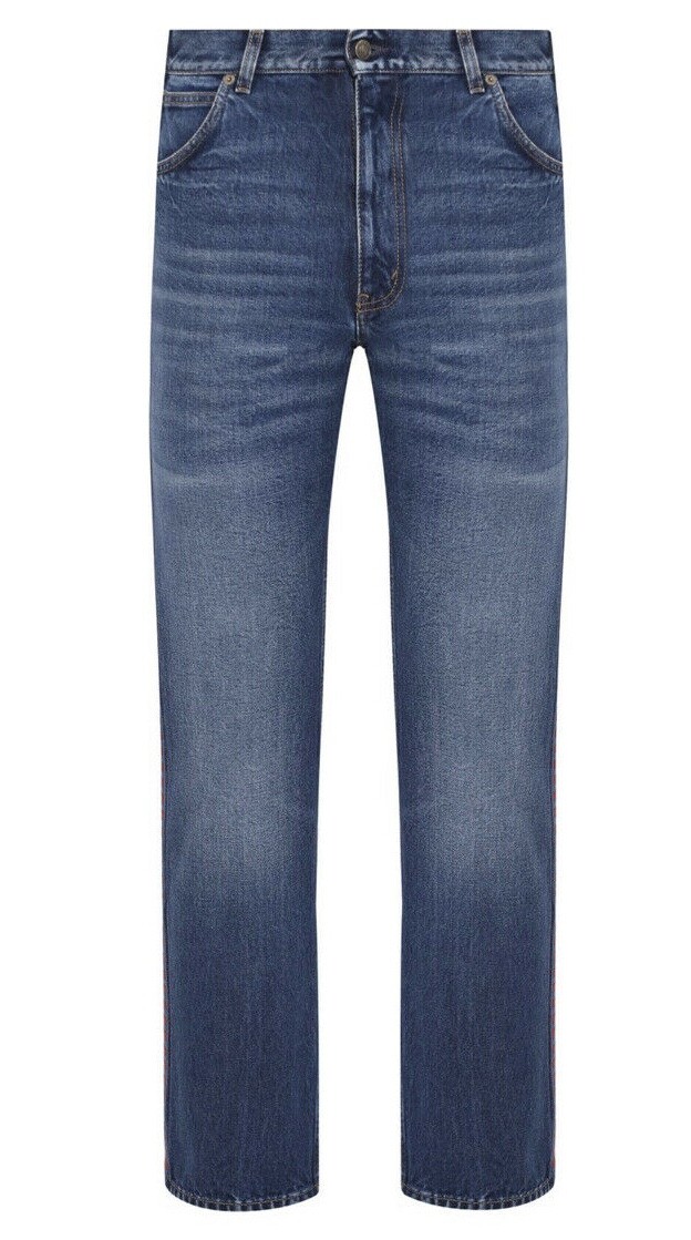 Gucci Stone Washed Denim Sapphire Blue Jeans W/Ribbon Woven Stripe