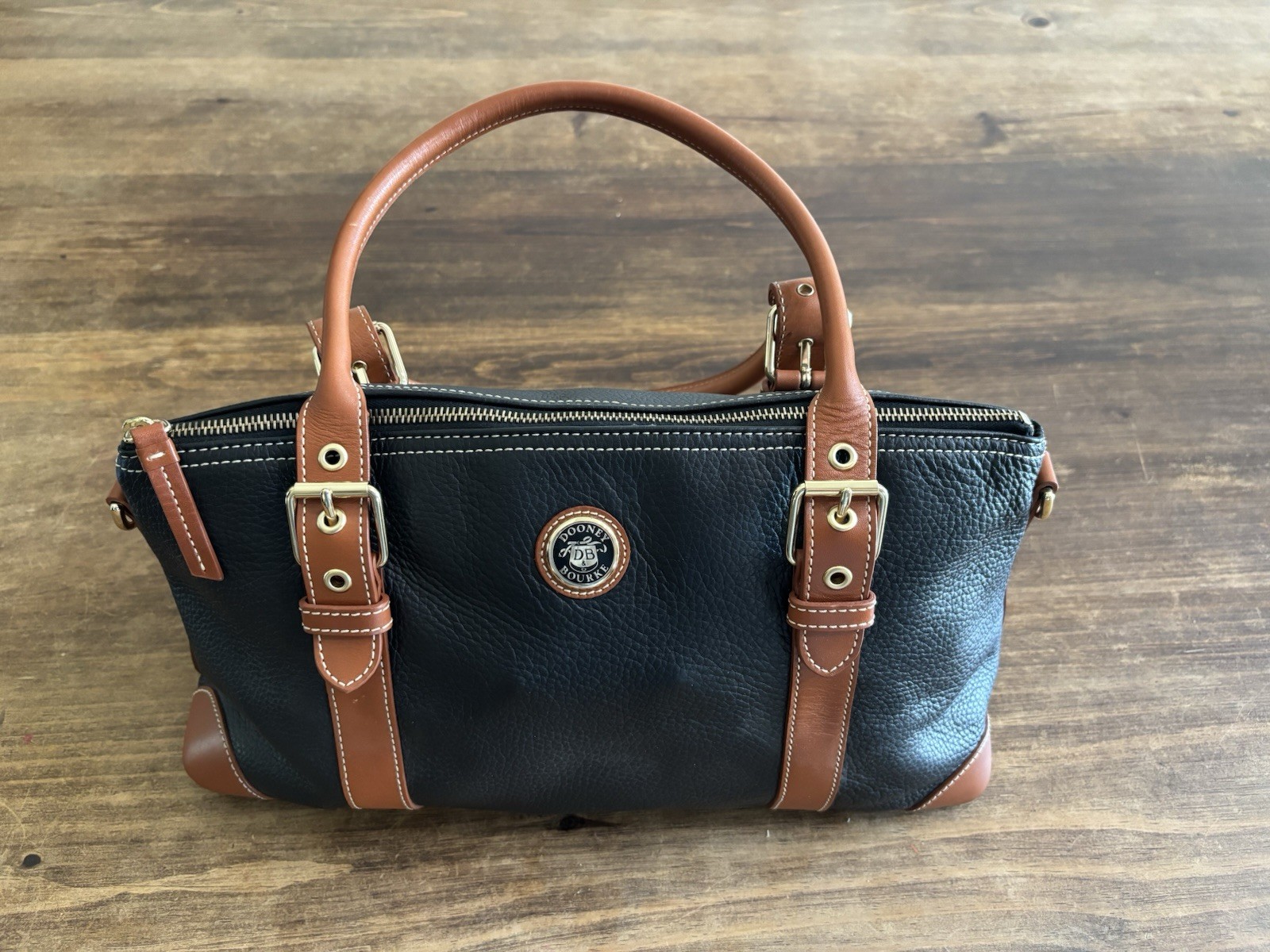 Authentic Dooney Bourke Black Pebble Grain Lrg Satchel Purse Brown Leather Trim