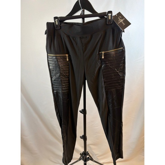 Flamingals Black Moto Leggings Faux Leather Ribbed Panel Zip Accent XL NWT Flamingals Black Moto Leggings Faux Leather Ribbed Panel Zip Accent XL NWT