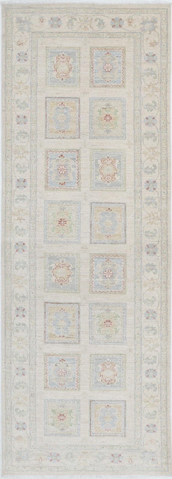 2.6x8 ft Hand Knotted Ivory, Light Blue, Pale Pink Wool Runner Rug. Corridor Rug 2.6x8 ft Hand Knotted Ivory, Light Blue, Pale Pink Wool Runner Rug. Corridor Rug