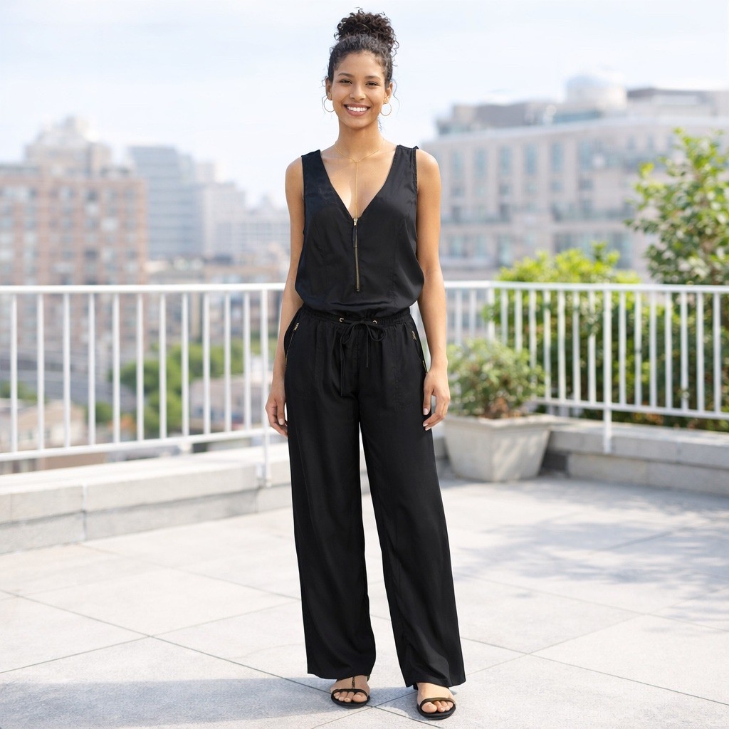 TOXIK3 Black Satin Feel Jumpsuit Wide Leg Zip Front Minimalist Chic Lounge M