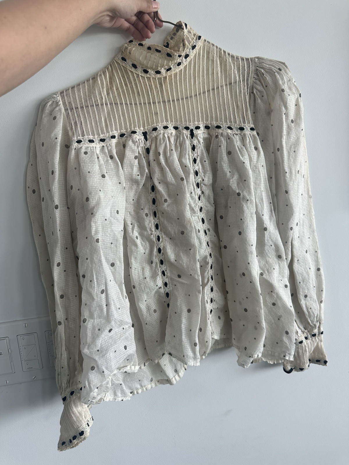 Antique Victorian 1890’s White Polka Dot Blouse Lace Bodice Lolita Ribbon