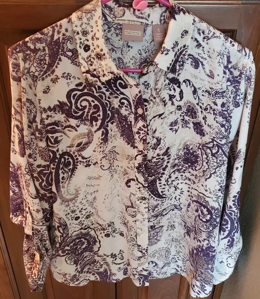 EUC - CHICO\'S Blouse SIZE 1 (Small ) 100% Polyester Ivory/Purple/Tan