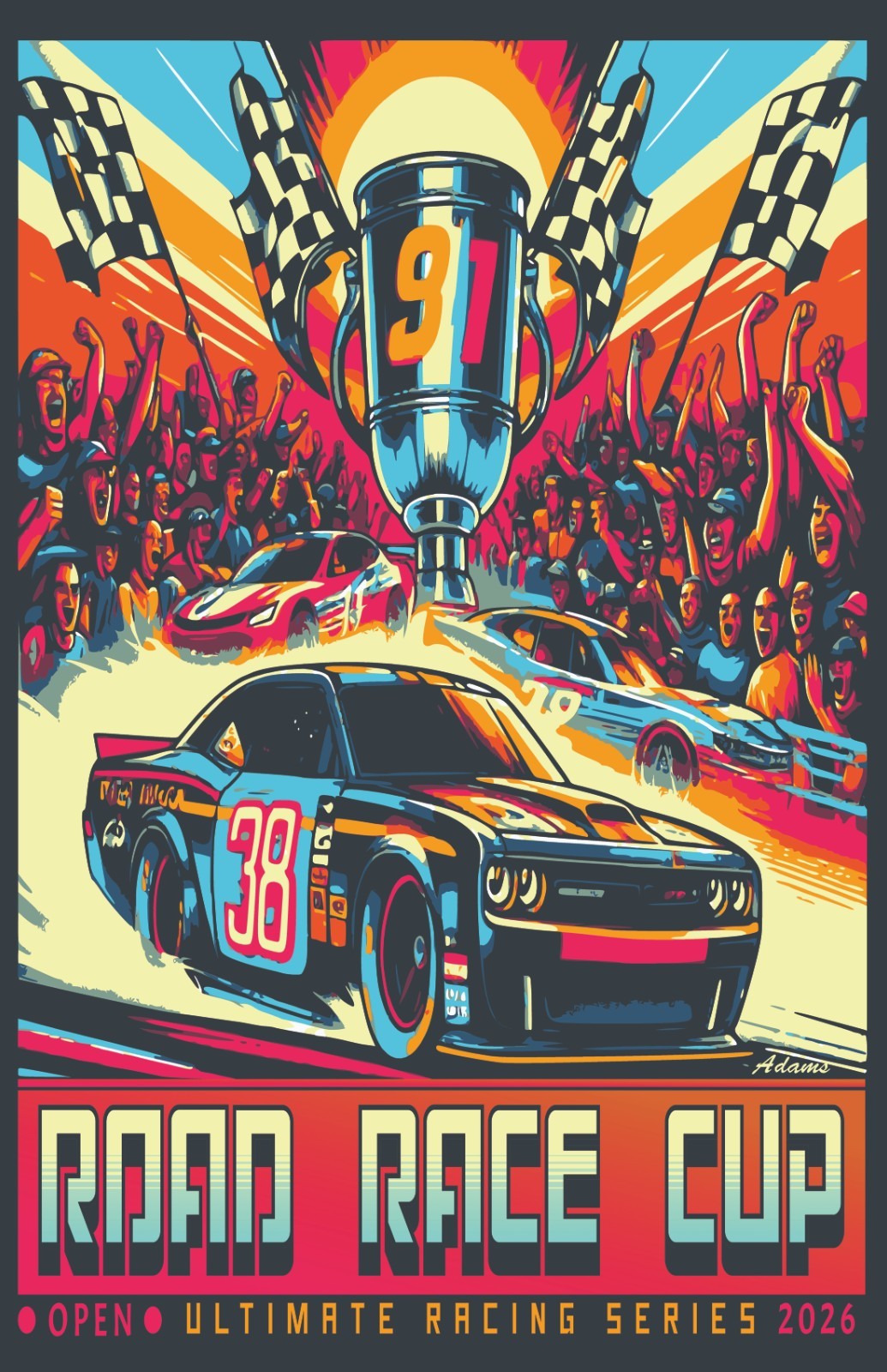 ROAD RACE CUP Racing Winners Trophy Checkered Flag Cheering  Bright Vivid Colors