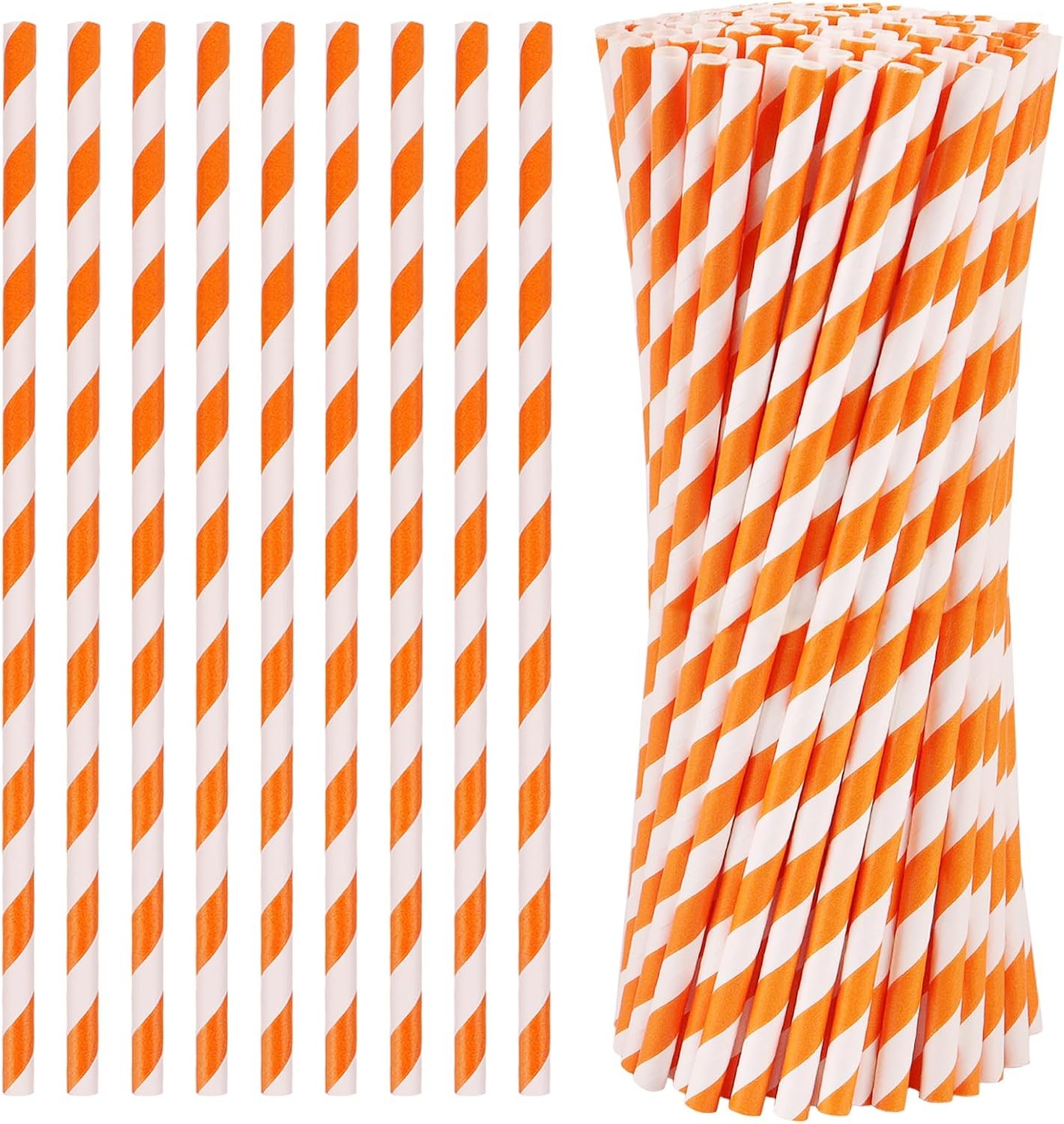 100 Pcs Biodegradable Paper Straws, Orange Striped for Drinks, Parties, Crafts