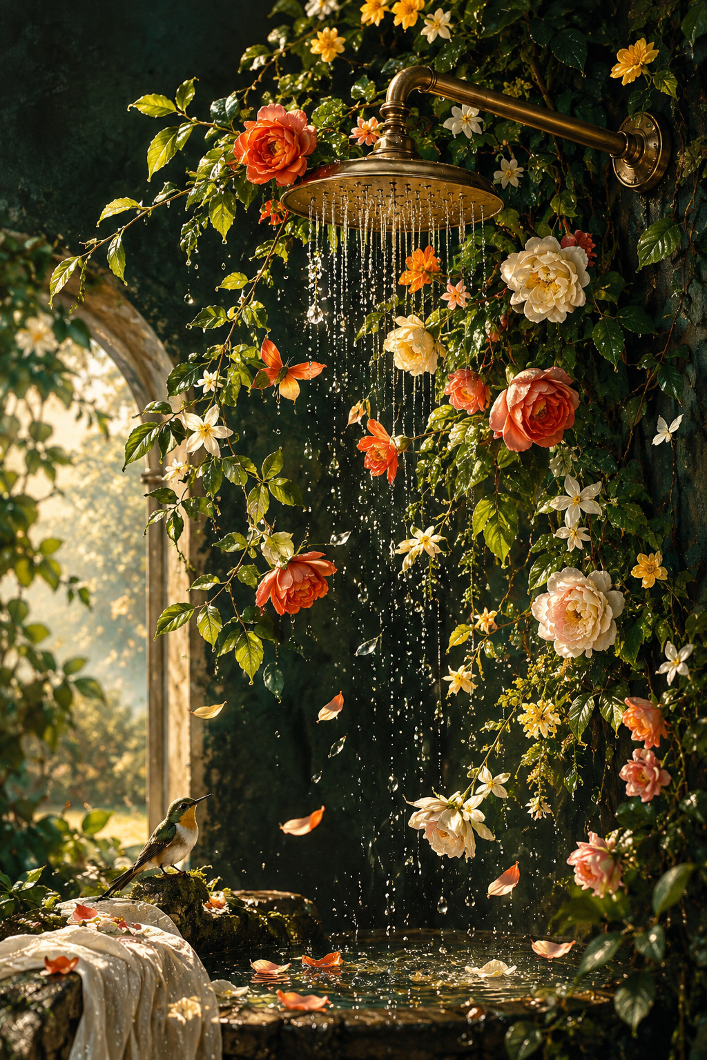 Floral Shower Wall Art Botanical Garden Waterfall Bathroom Decor Vintage Nature