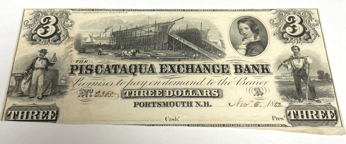 1852 $3 The Piscataqua Exchange Bank Portsmouth NEW HAMPSHIRE Obsolete Banknote