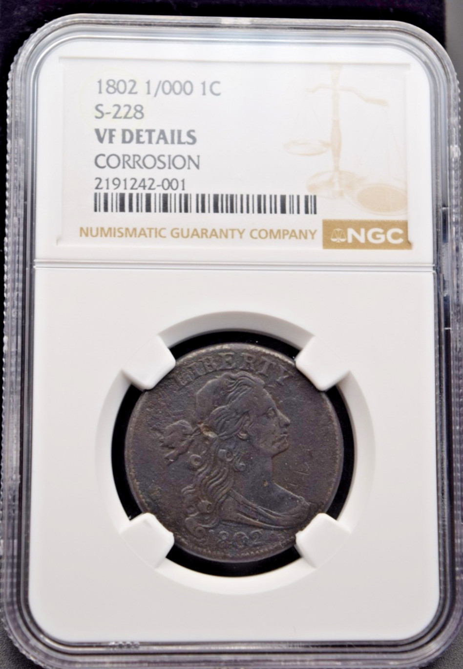 1802 1/000 Large Cent S-228 NGC VF Details