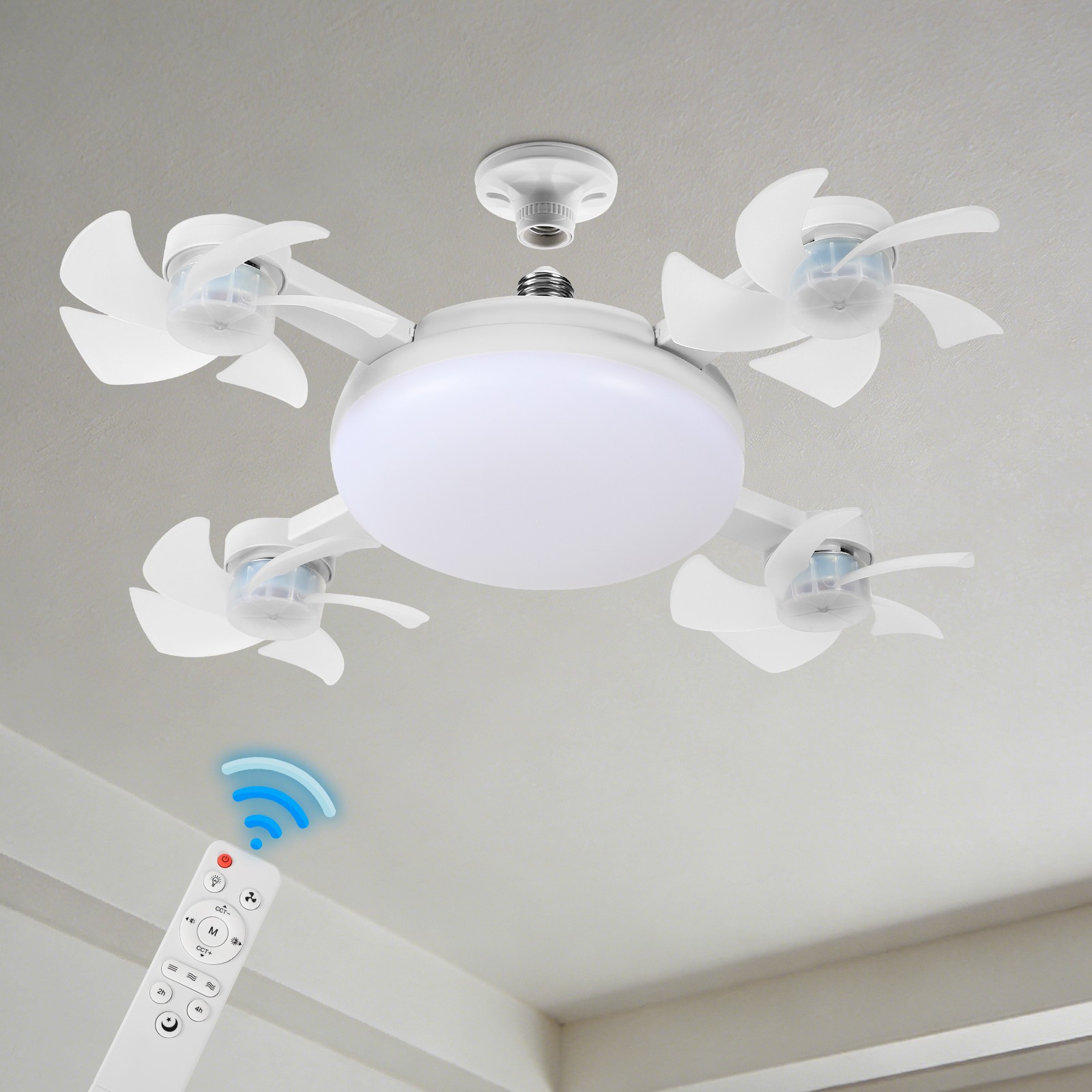 4-Head Foldable Ceiling Fan Light, E27 Lamp, Remote, 3-Color LED, 3 Speed