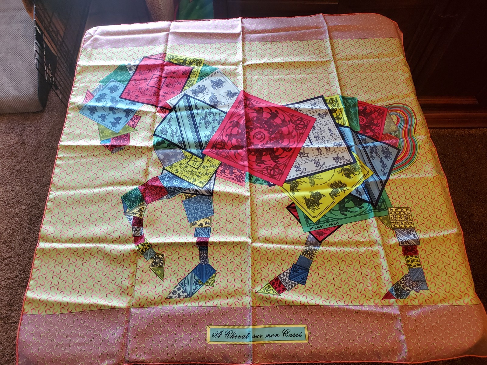 Beautiful Hermes Silk Scarf 35” Carre 90cm “ A Cheval Sur Mon Carre”