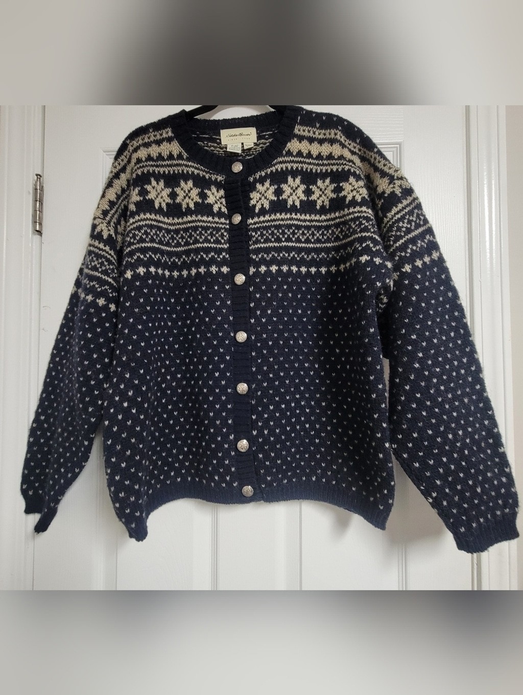 Vintage Eddie Bauer Blue White Celtic Snowflake Fair Isle Cardigan Sweater. Vintage Eddie Bauer Blue White Celtic Snowflake Fair Isle Cardigan Sweater.