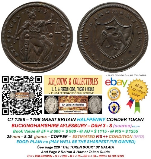1796 GB ½ PENNY CONDER TOKEN - BUCKINGHAMSHIRE AYLESBURY - D&H 3 - WOW - CT 1258