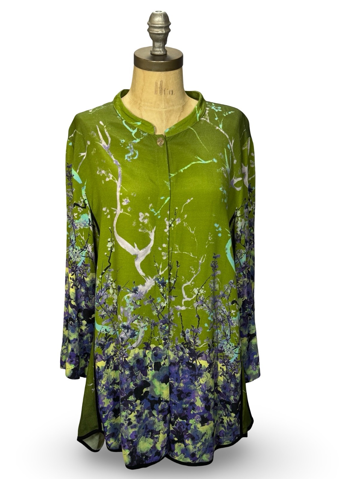 Citron of Santa Monica Green Mandarin Collar Floral Asian Print Tunic Top Large