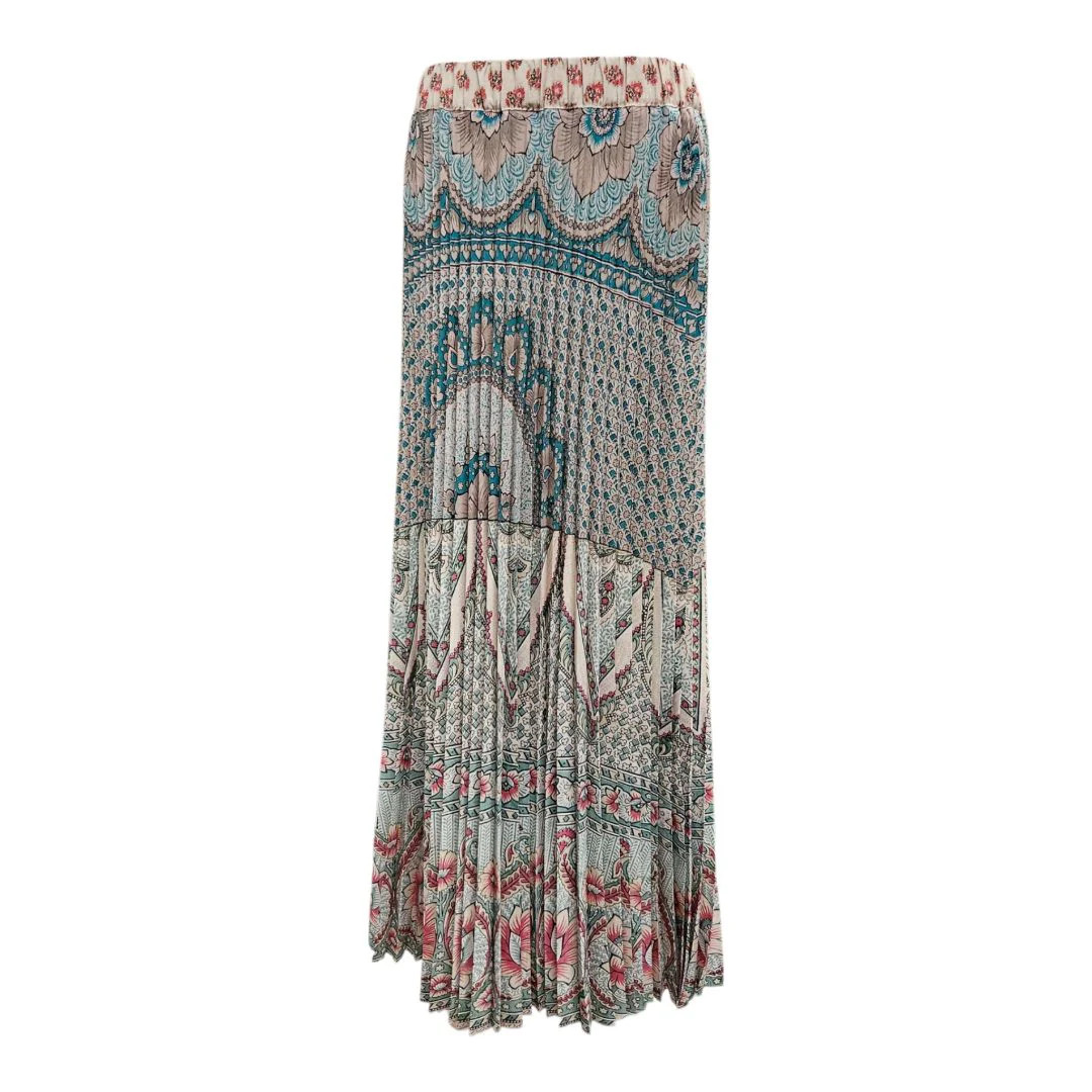 Pierre Louis Mascia Multicolor Print Elastic Waist Maxi Pleated Skirt Size M NWT